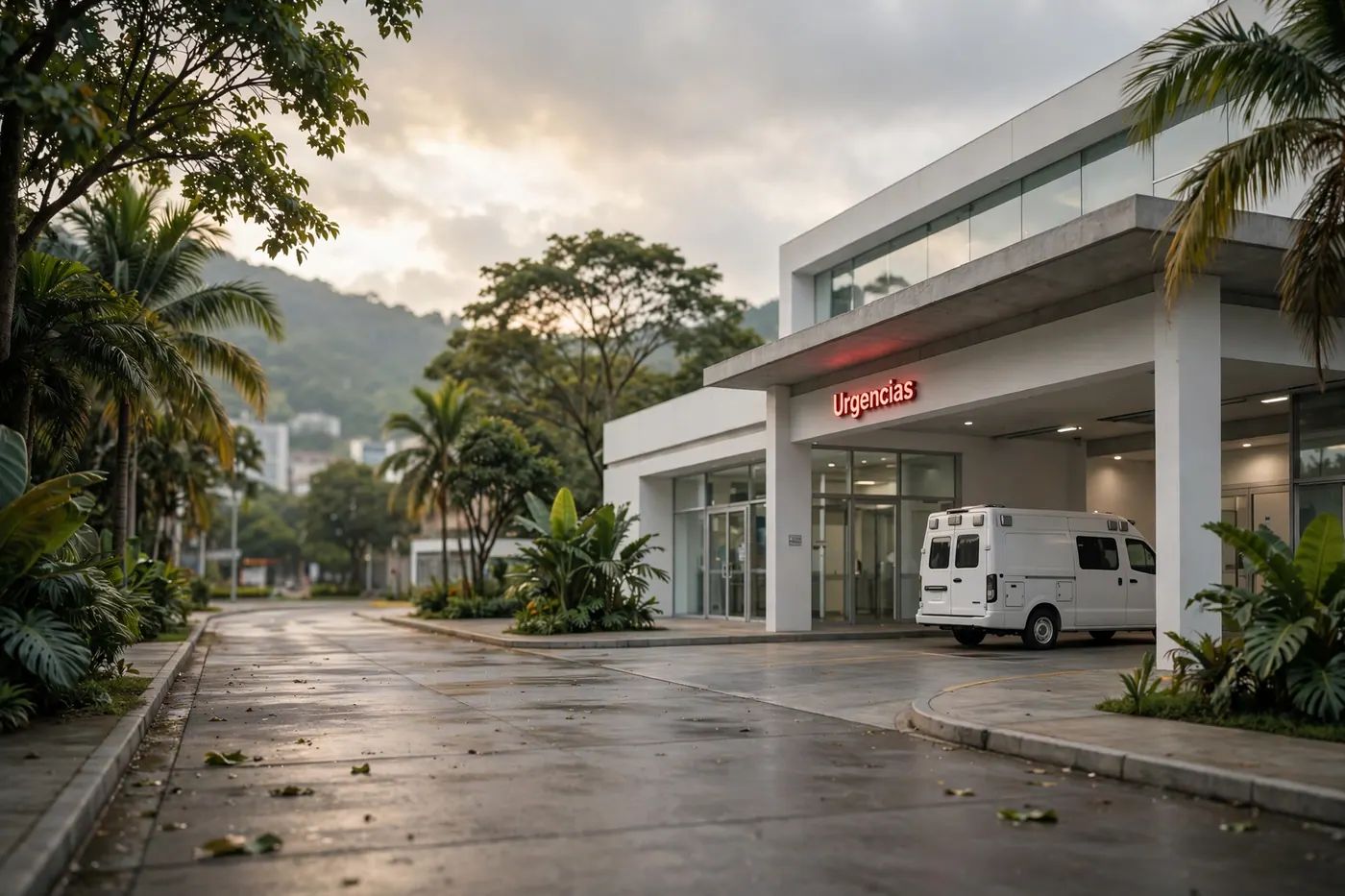 Modern private-hospital emergency entrance with a white ambulance under a covered bay, a red Urgencias sign, and tropical trees along a wet sidewalk
