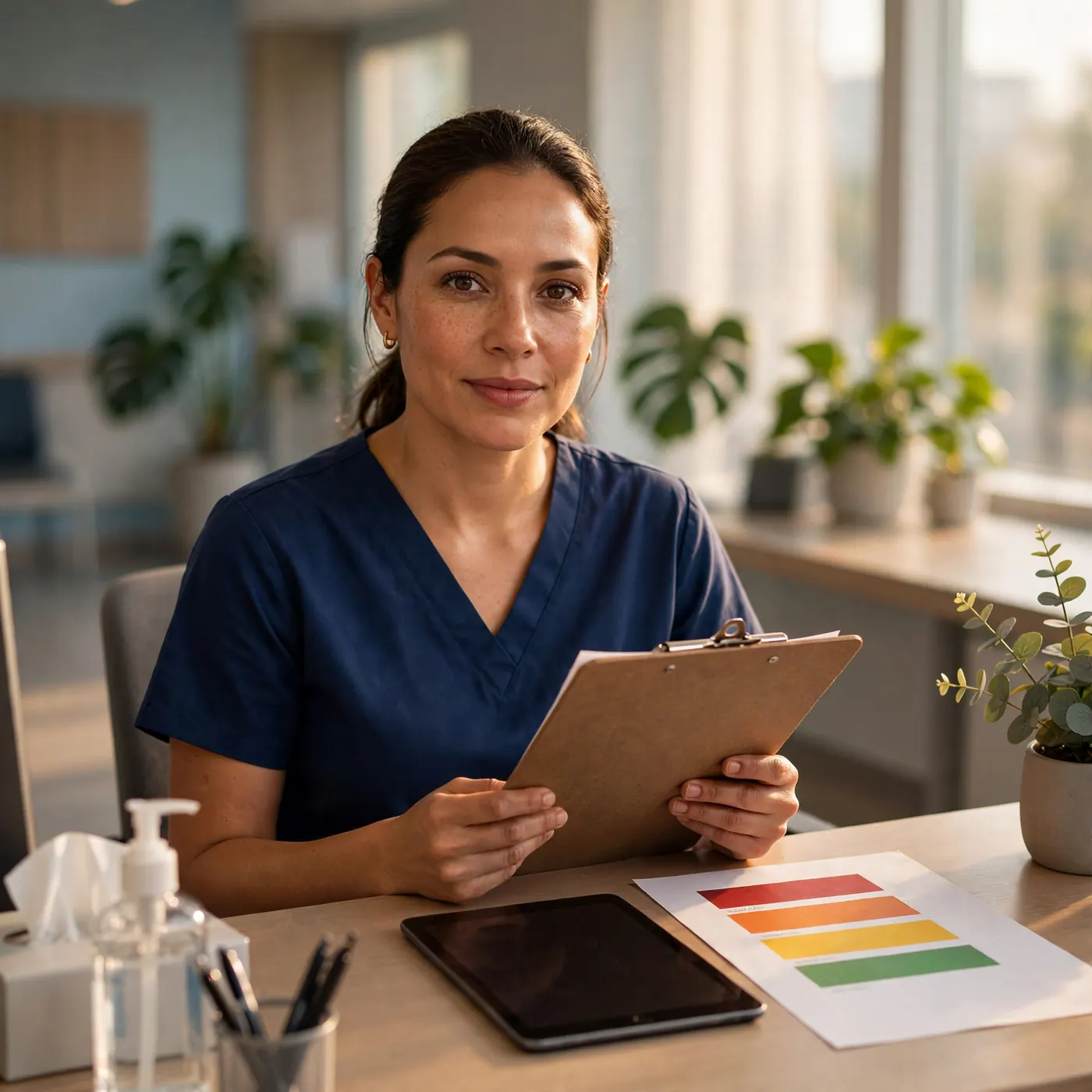 Woman in navy scrubs at a hospital triage desk holding a clipboard, with a tablet and a color-coded priority chart on the table