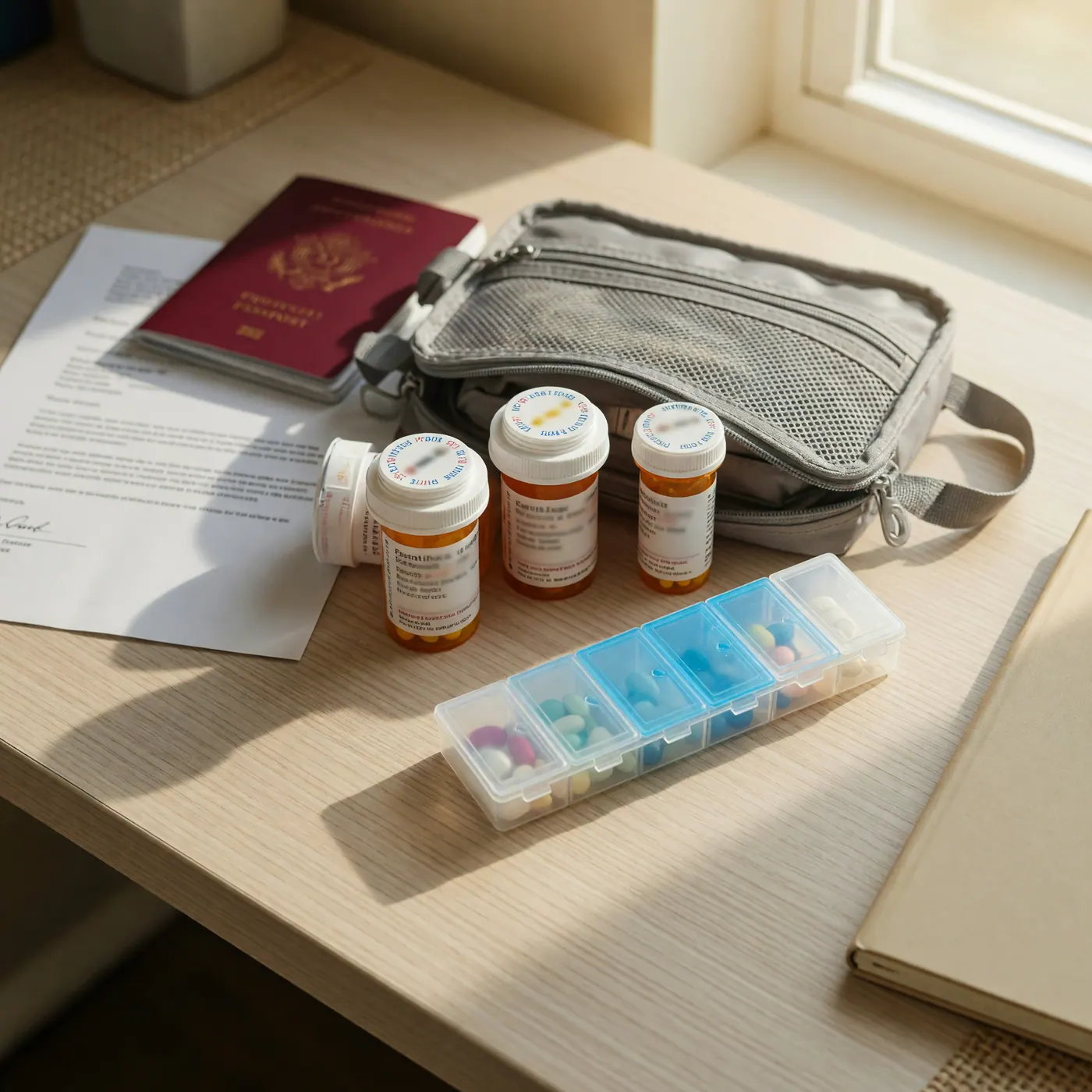 Travel medication organizer arranged with prescriptions and carry-on documents