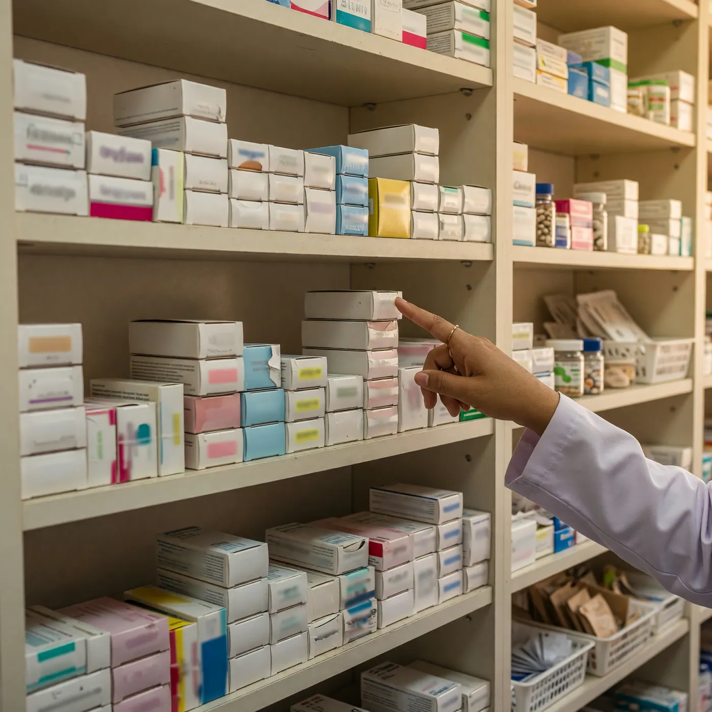 Pharmacy shelves in Colombia with generic medicine boxes
