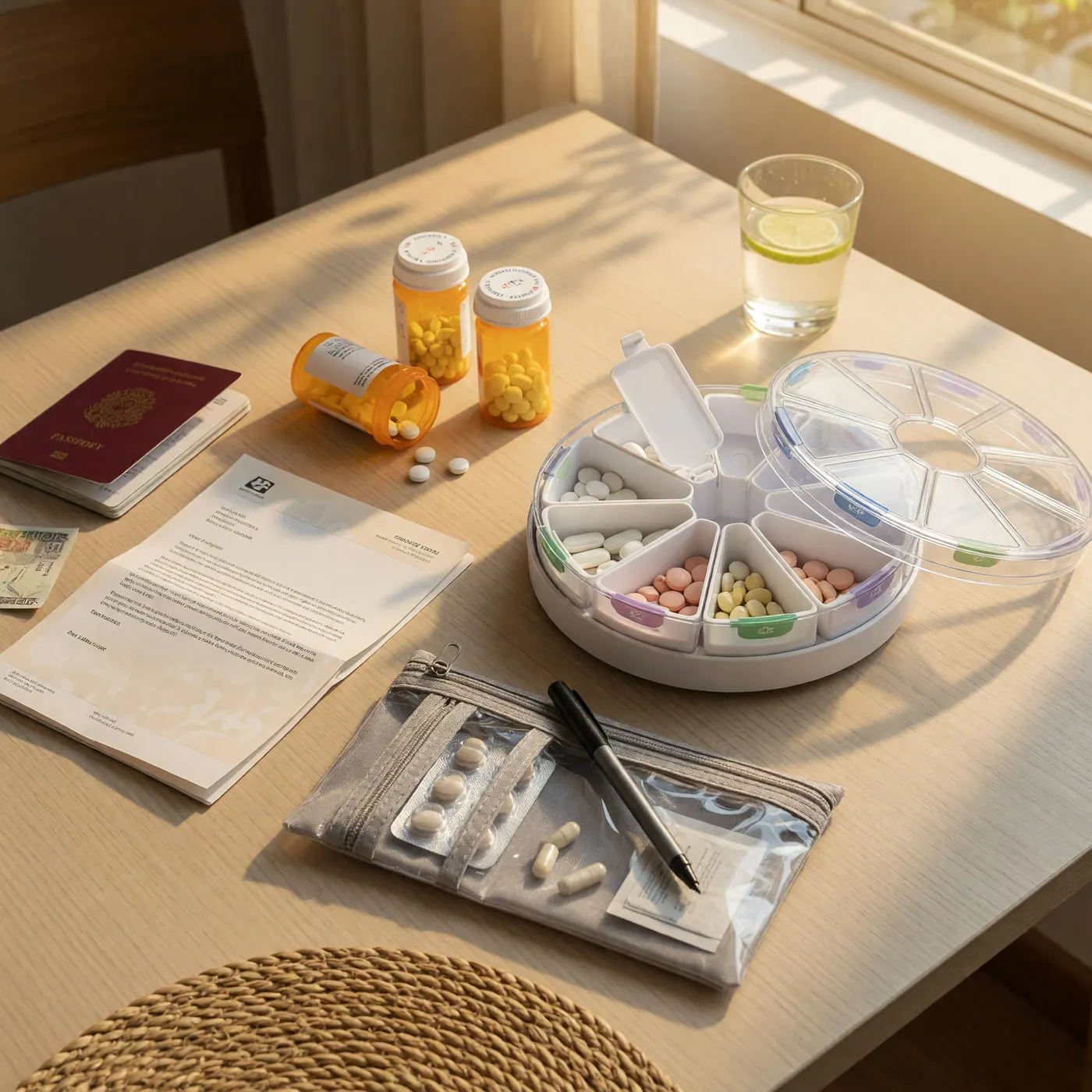 Rotating medication organizer with prescriptions and travel documents