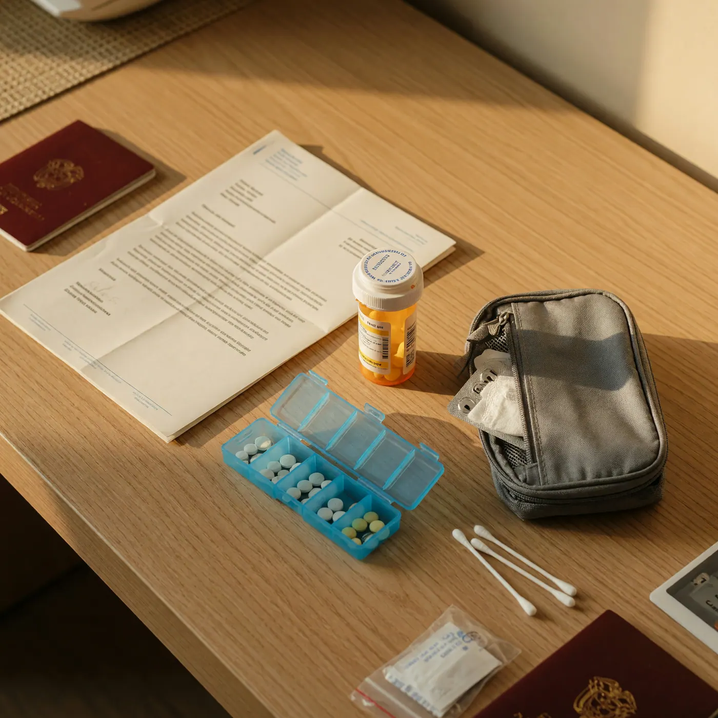 Prescription medication, doctor letter, passport, and pill organizer prepared for travel