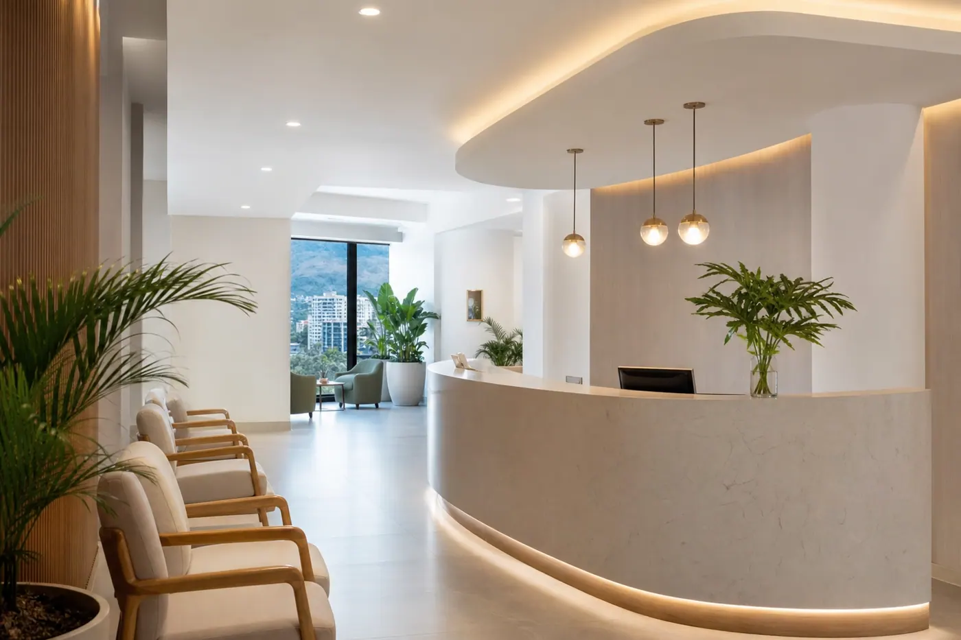 Modern private clinic reception in Medellín, Colombia — clean interior with warm lighting