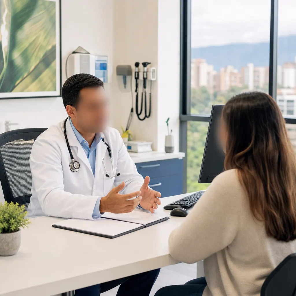 Doctor consulting with a patient in a modern private Colombian clinic