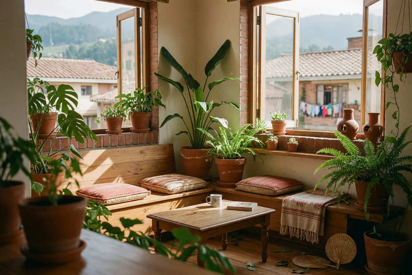 Peaceful Colombian apartment interior with lush potted plants and soft sunlight