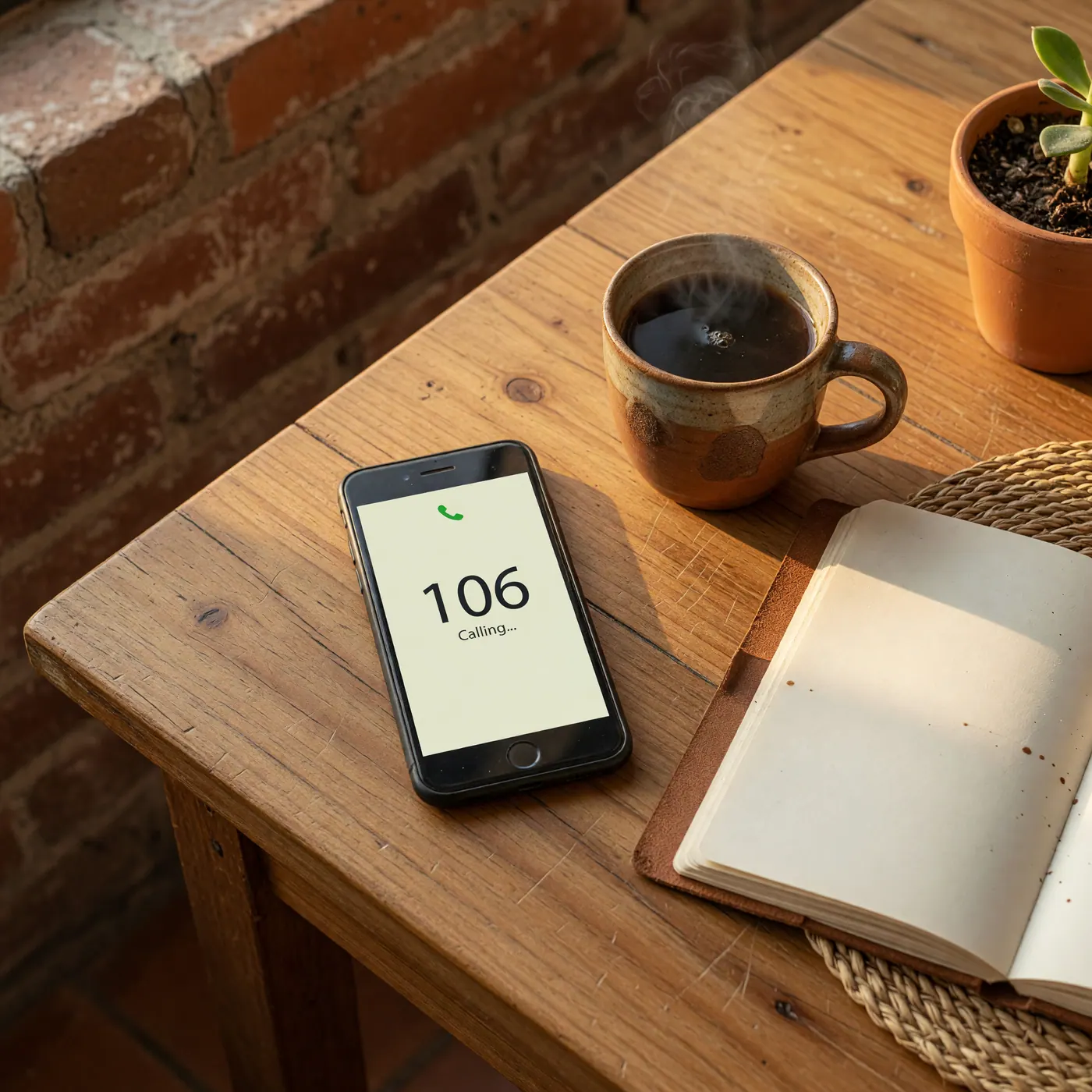 Smartphone on wooden table ready to dial 106 mental health line in Colombia