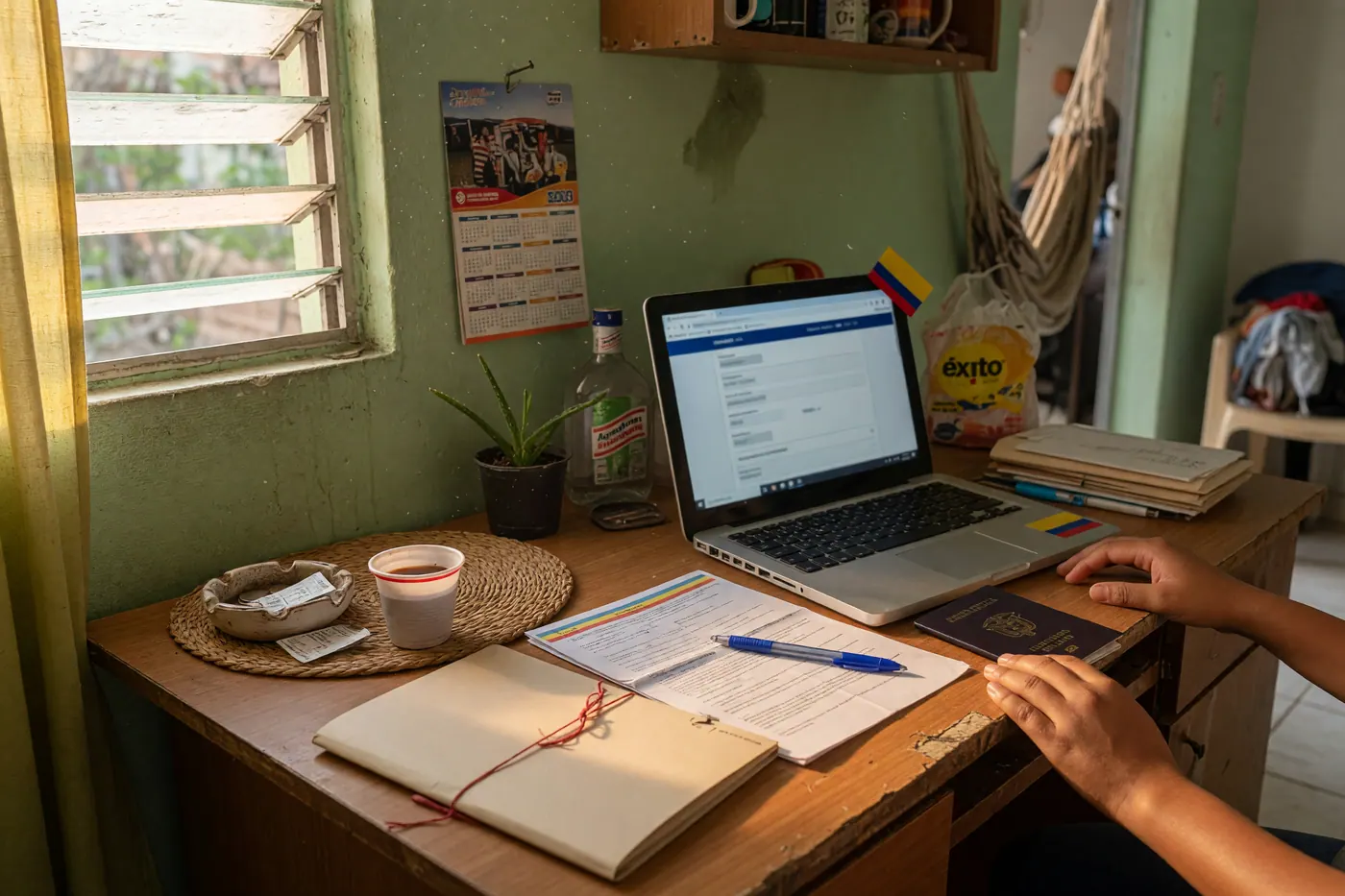 Passport, printed documents, folder and laptop arranged for an immigration appointment