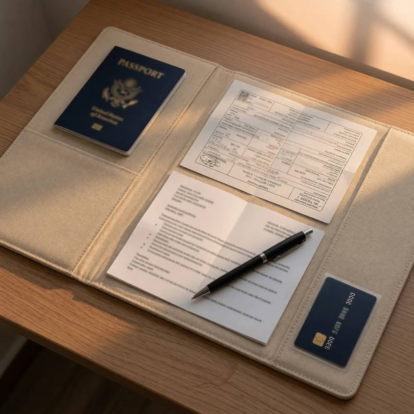 Passport, document folder, appointment papers, pen and bank card prepared on a desk