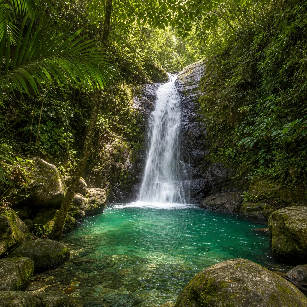 Waterfall cascading into a natural pool in the rainforest near Minca, Colombia
