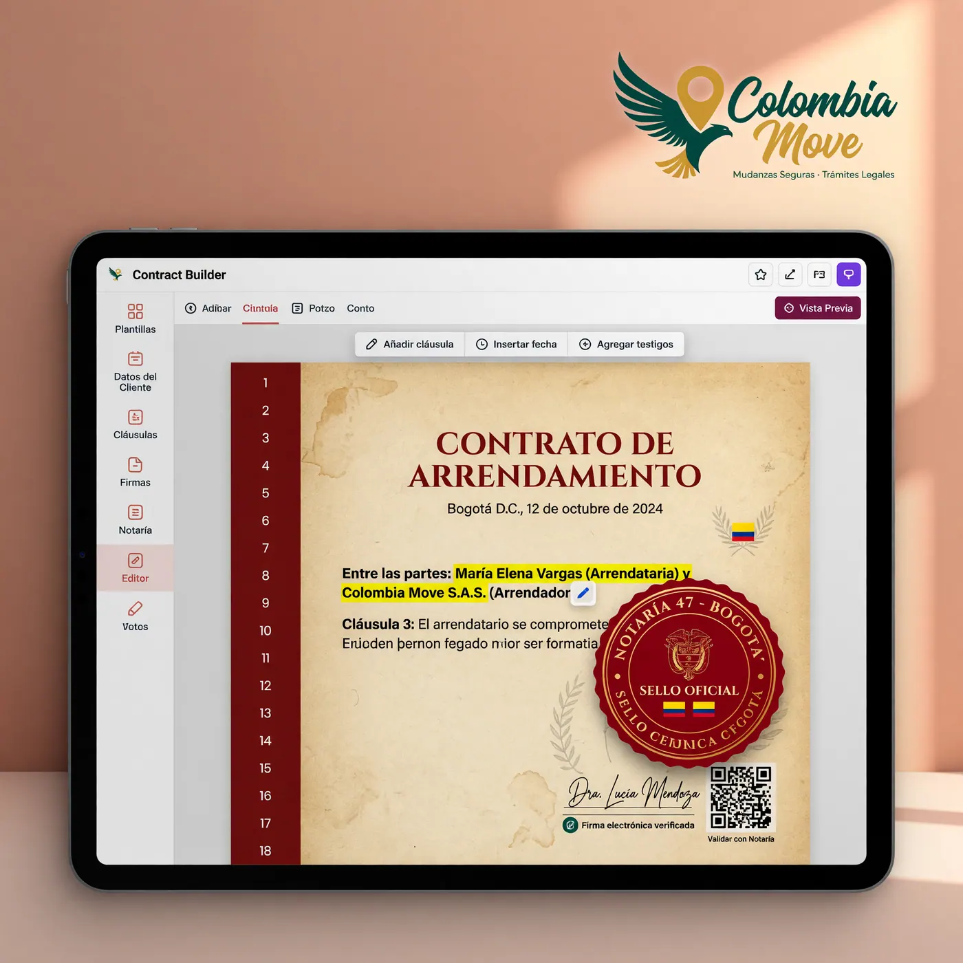 Borrador de contrato en papel notarial cálido con sello notarial y herramientas de edición digital en MinutasMove