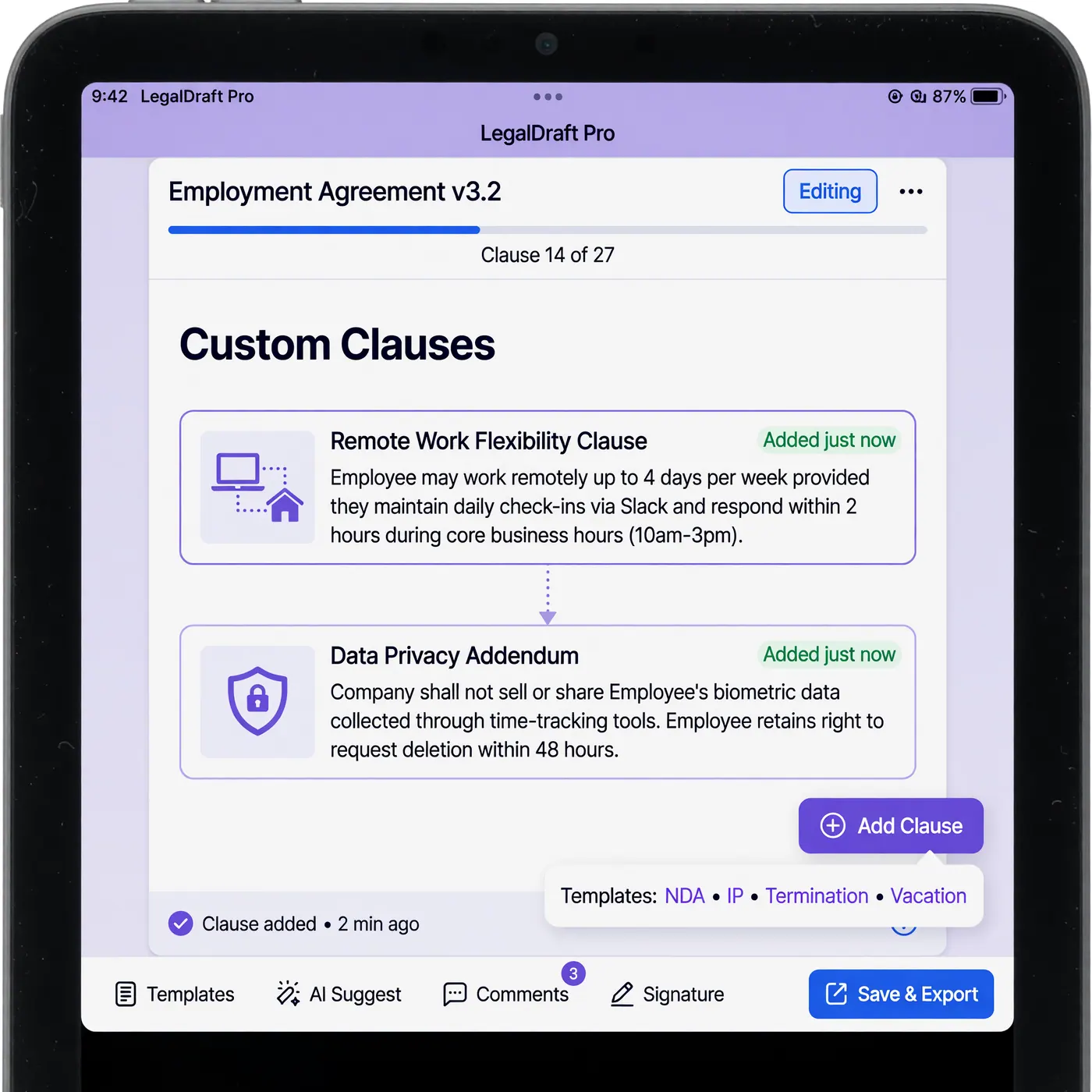 Detalle del editor de cláusulas adicionales en el teléfono