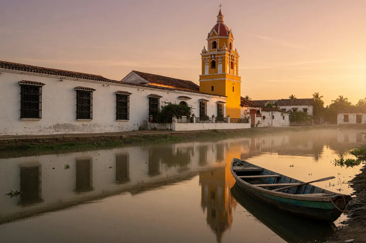 Yellow and red octagonal bell tower of Santa Bárbara Church in Mompox, Colombia, reflecting on the Magdalena River at sunset.
