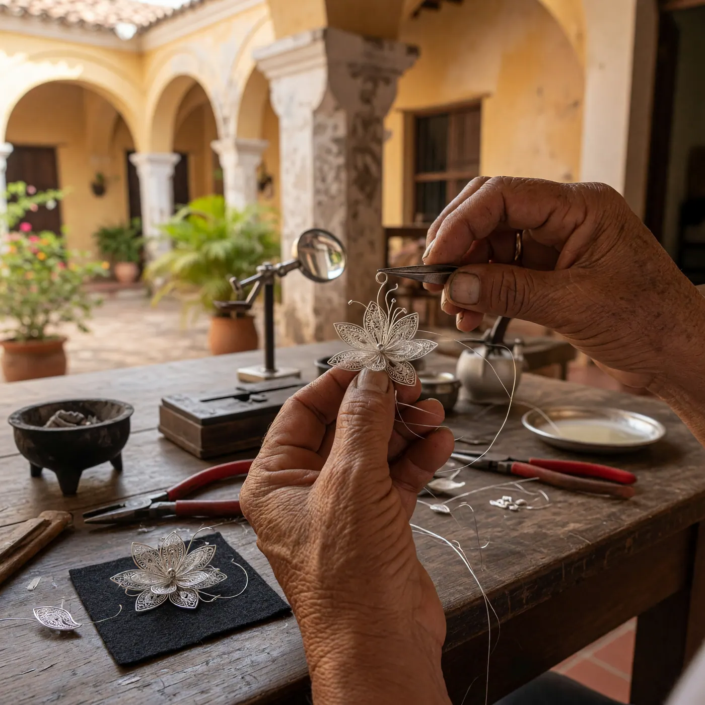 An artisan's hands crafting intricate silver filigree jewelry at a wooden workbench in Mompox, Colombia.