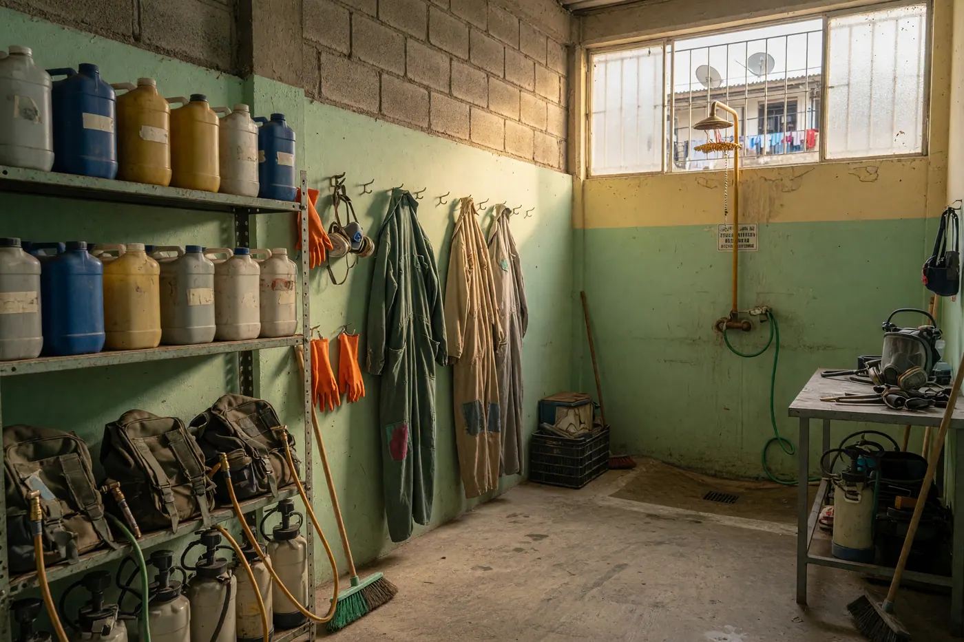 Depósito de empresa de control de plagas con estantería de envases, bombas de aspersión, overoles y ducha de emergencia