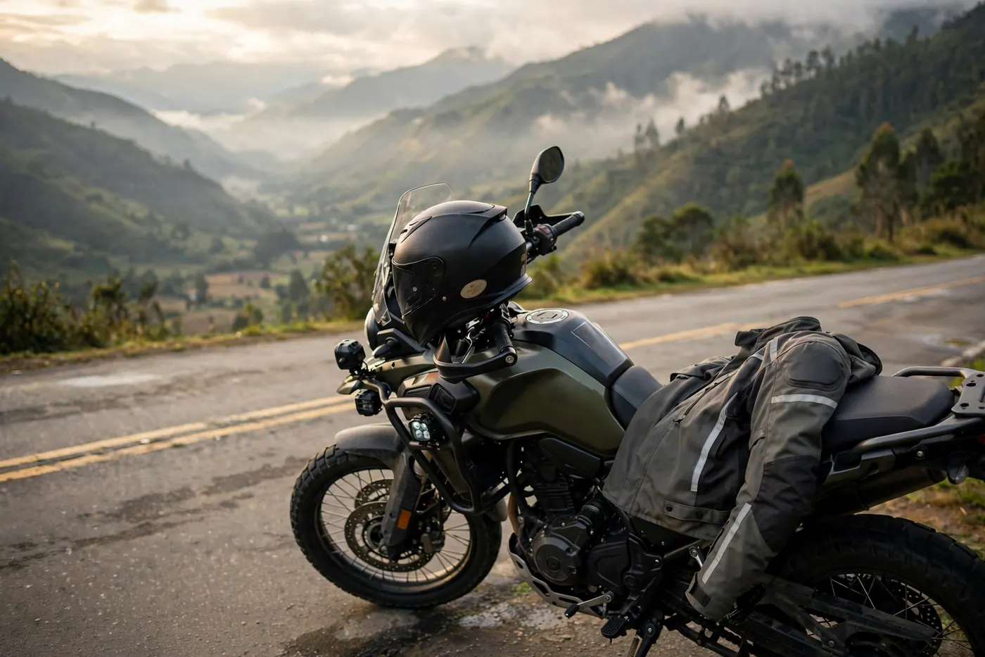 Full-face helmet on an adventure motorcycle beside an Andean mountain highway, with a reflective jacket on the seat