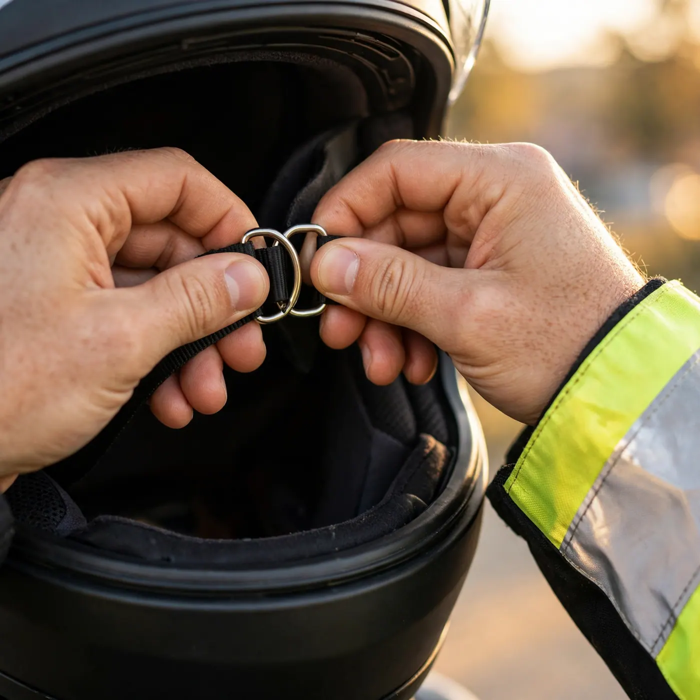Rider's hands fastening a helmet chin strap under the jaw, with reflective fabric visible on the jacket sleeve