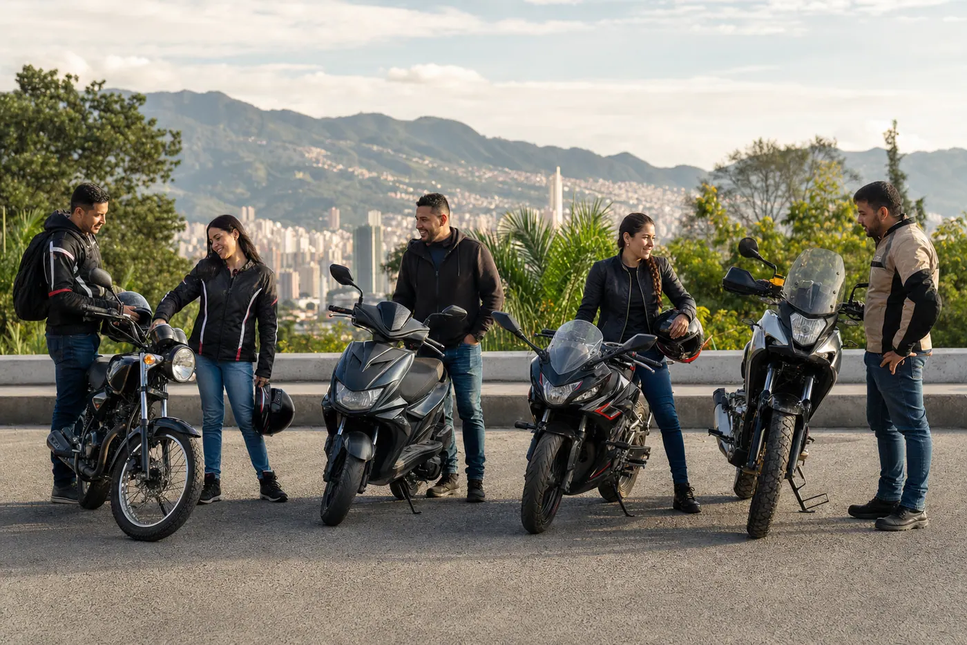 Propietarios comparan motos urbanas, scooter, deportiva y adventure en una ciudad colombiana