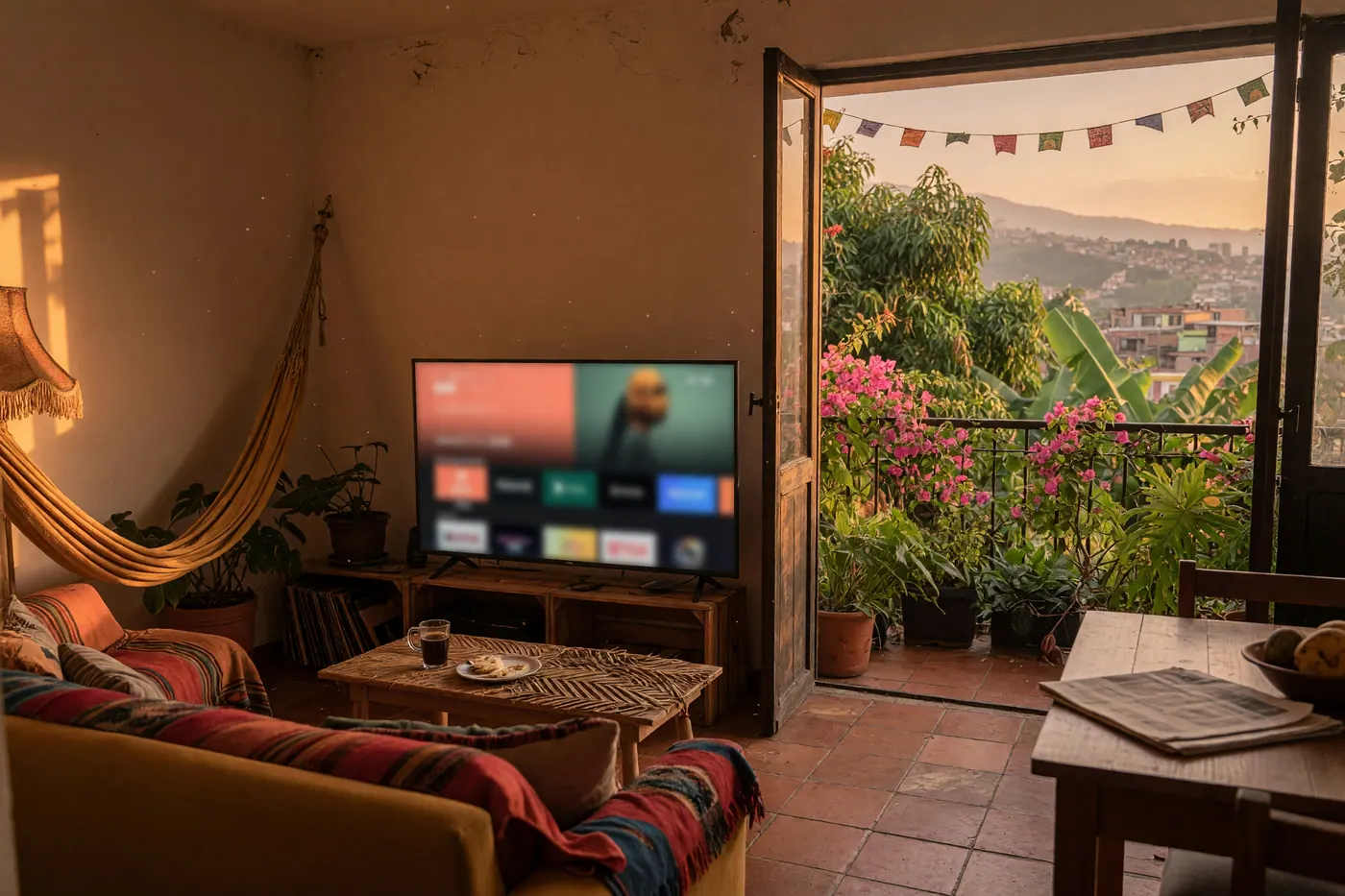 Cozy Medellin apartment with smart TV displaying streaming menu and balcony view