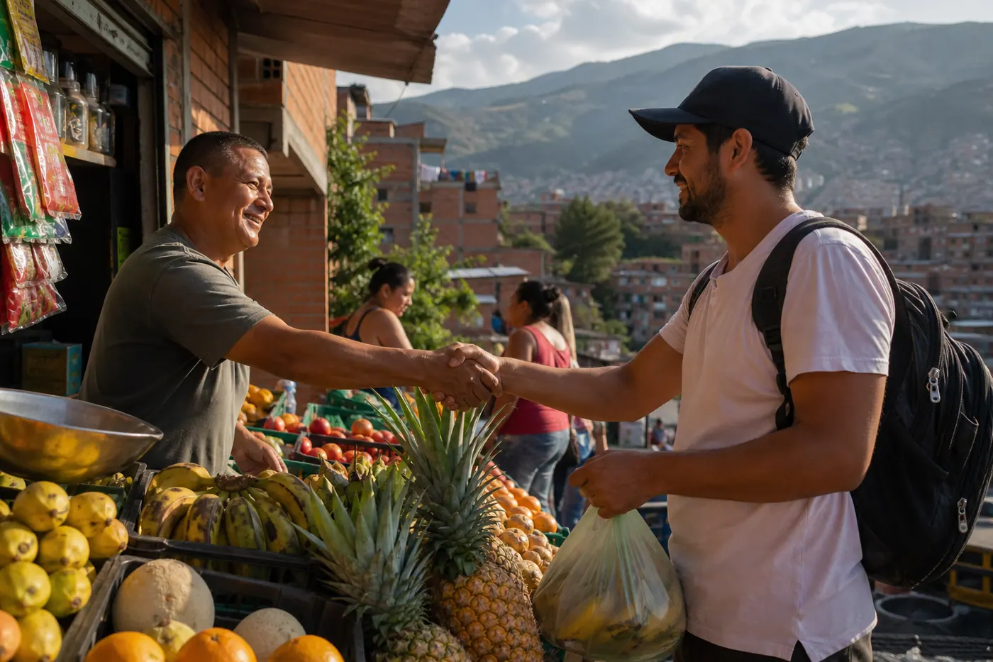 Street market scene in Medellín, Colombia — vendor and buyer at a colorful stall, warm afternoon light