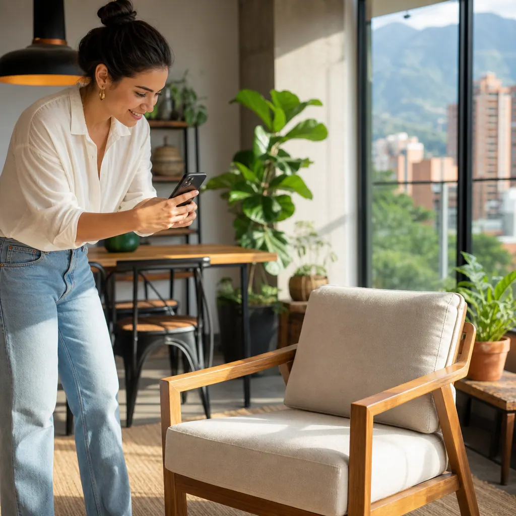 A Colombian business owner listing items on her smartphone in a sunlit Medellín apartment