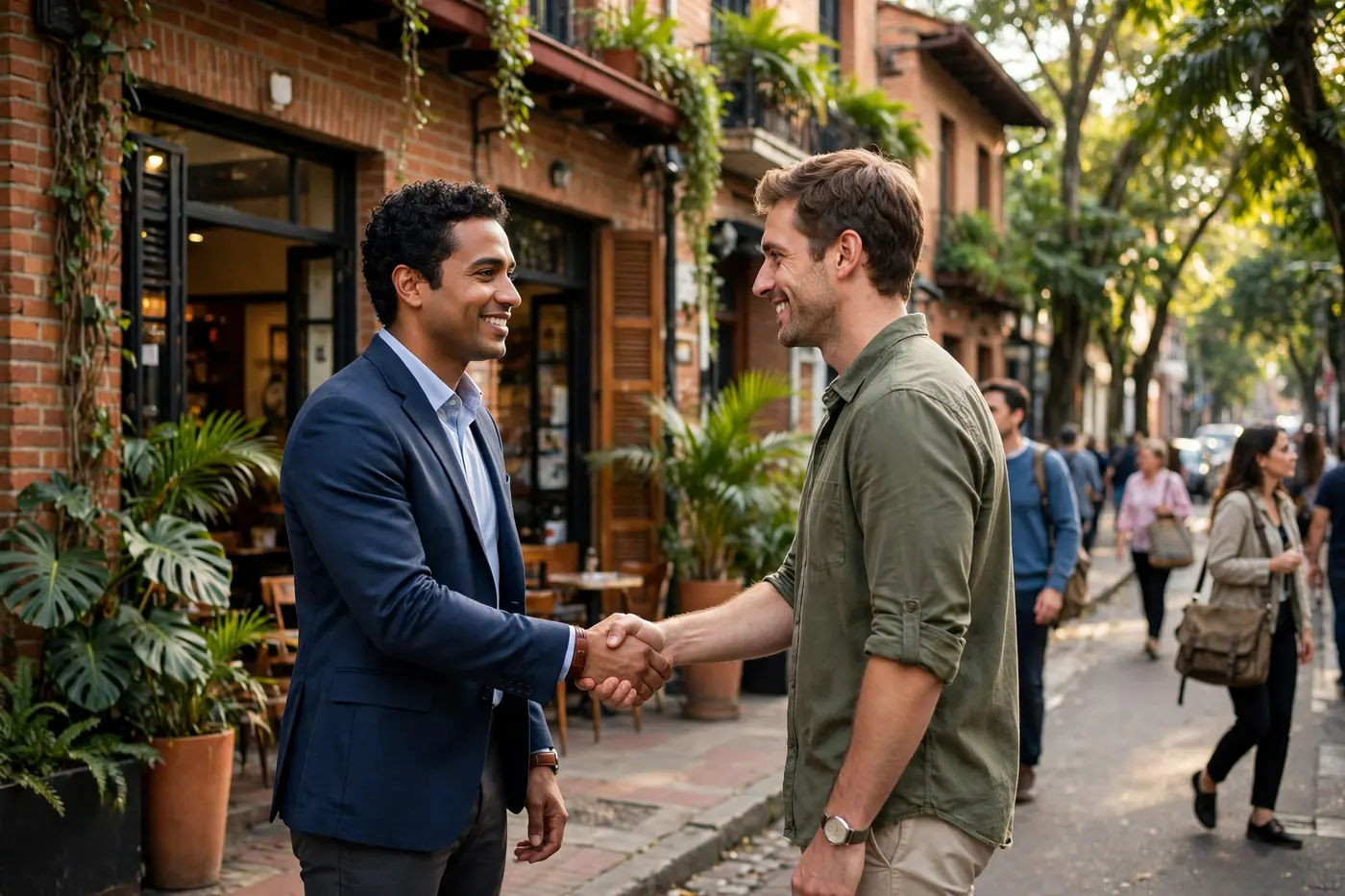 Two professionals shake hands and smile outside a brick café on a tree-lined street