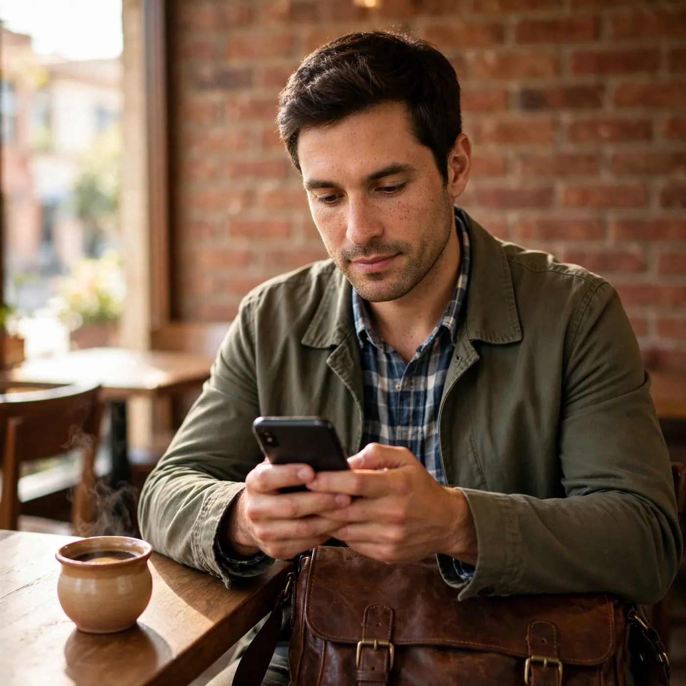 Man sitting inside a brick café checks a smartphone with a leather bag on his lap and a small coffee cup