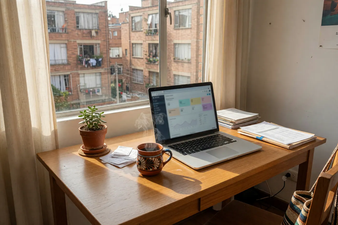 Oficina en casa con computador portátil, café y edificios de ladrillo al fondo en Bogotá
