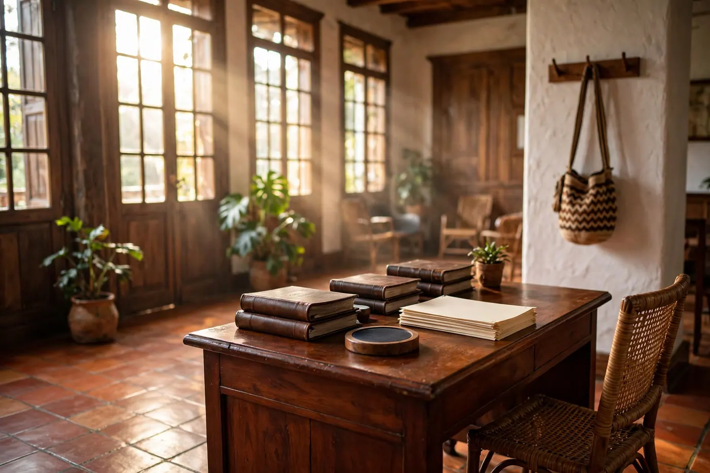 Sunlit wooden desk in a Colombian notary office with leather register books, blank folios, and a round ink pad.