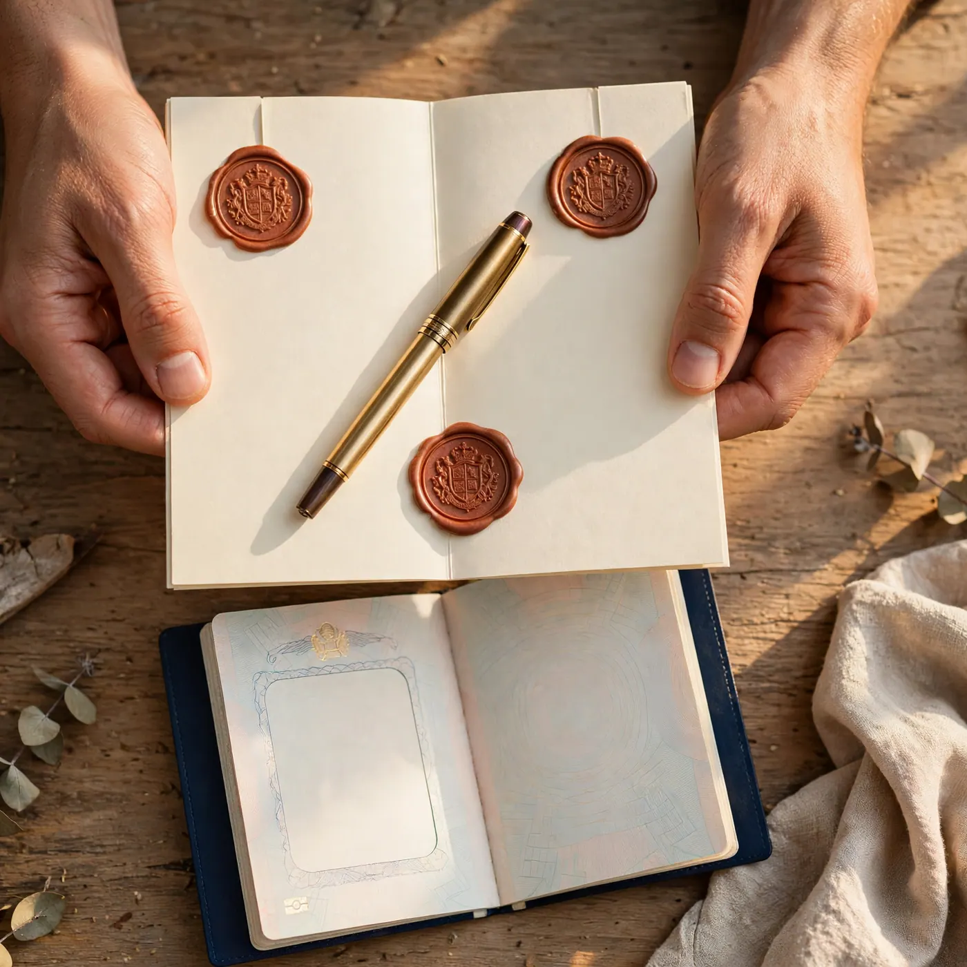 Hands holding an open cream folio with three wax seals and a fountain pen, above an open passport booklet on a wooden desk.
