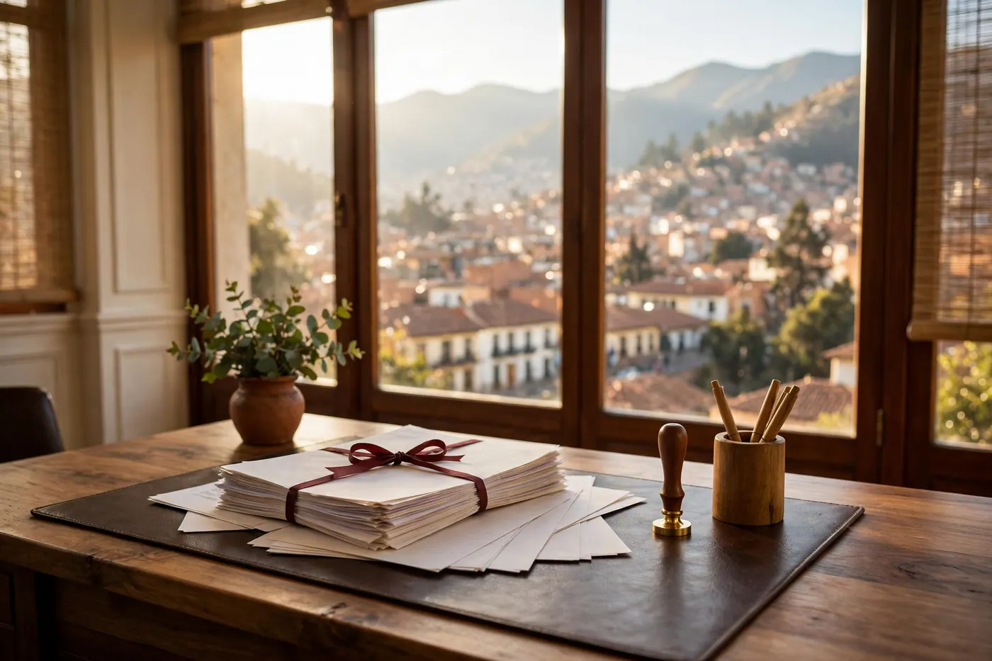Open deed documents tied with a maroon ribbon and a brass seal on a leather desk pad, with a wooden pen cup and city light through the windows.