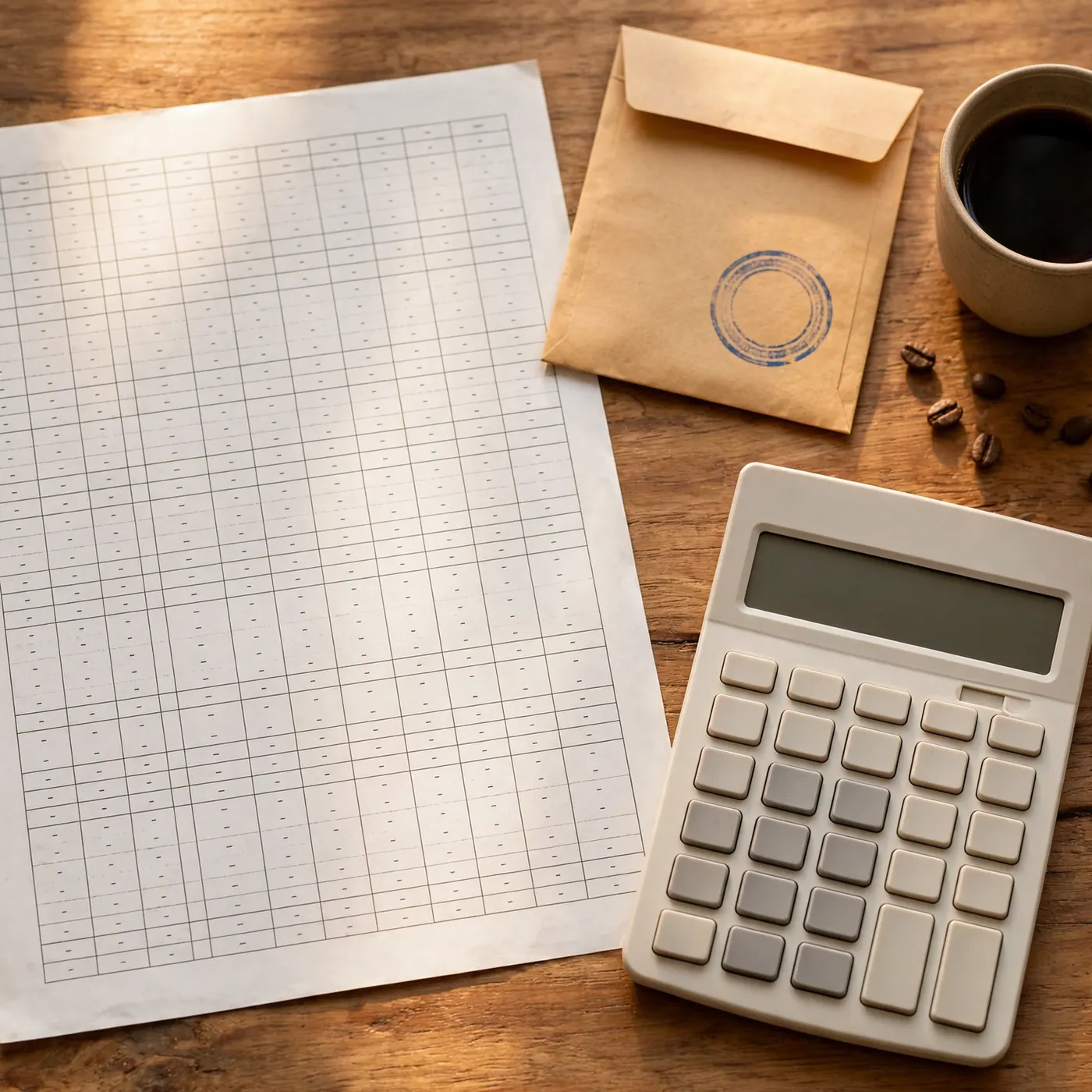 Closing worksheet, calculator, stamped envelope, and a cup of black coffee on a wooden desk.