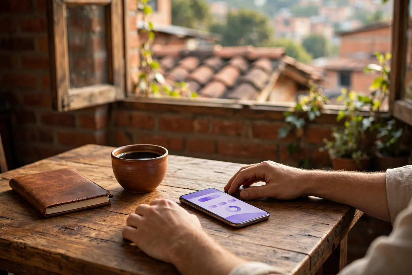 Smartphone with a purple banking screen beside coffee and a leather notebook on a wooden cafe table