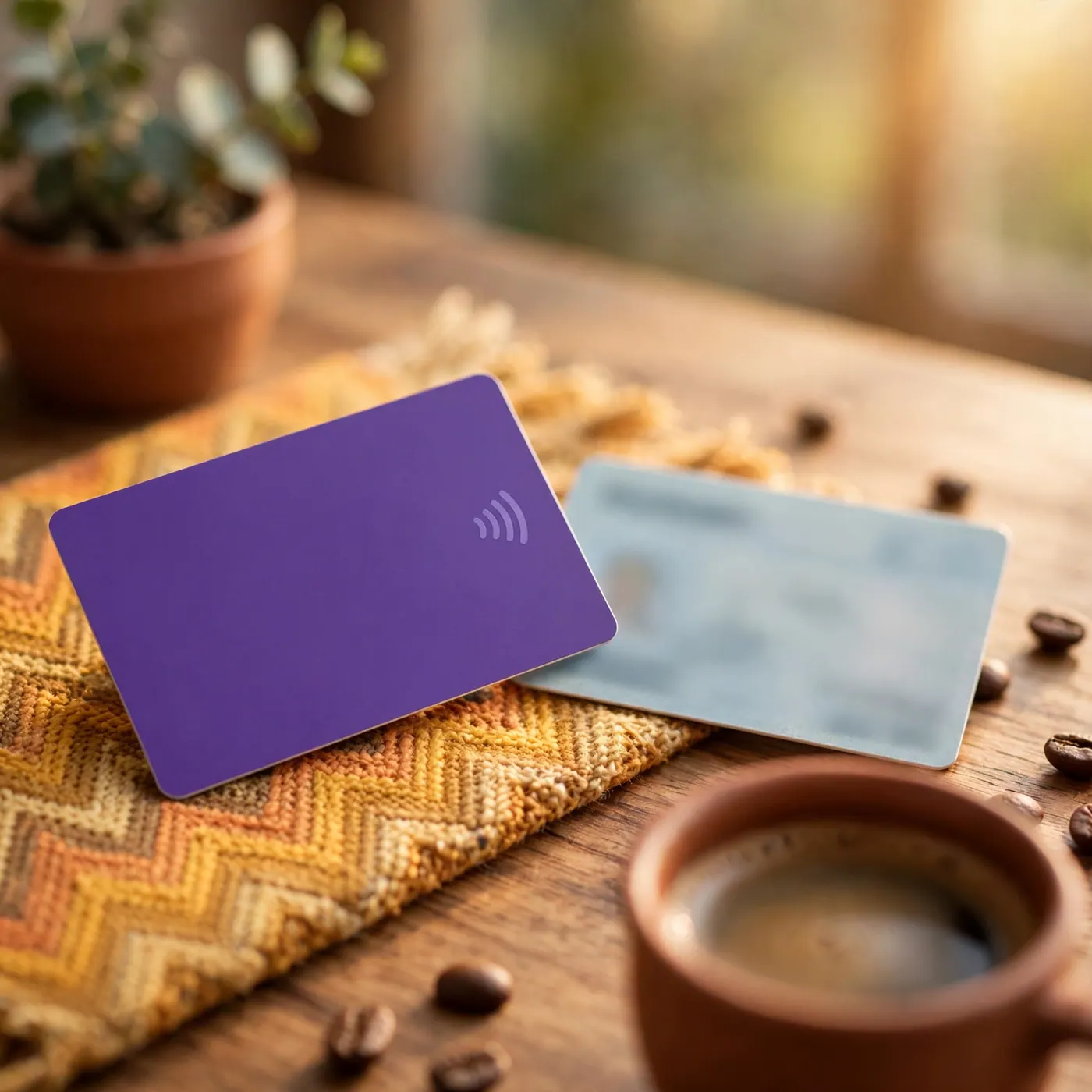 A contactless debit card and a resident ID on a desk.