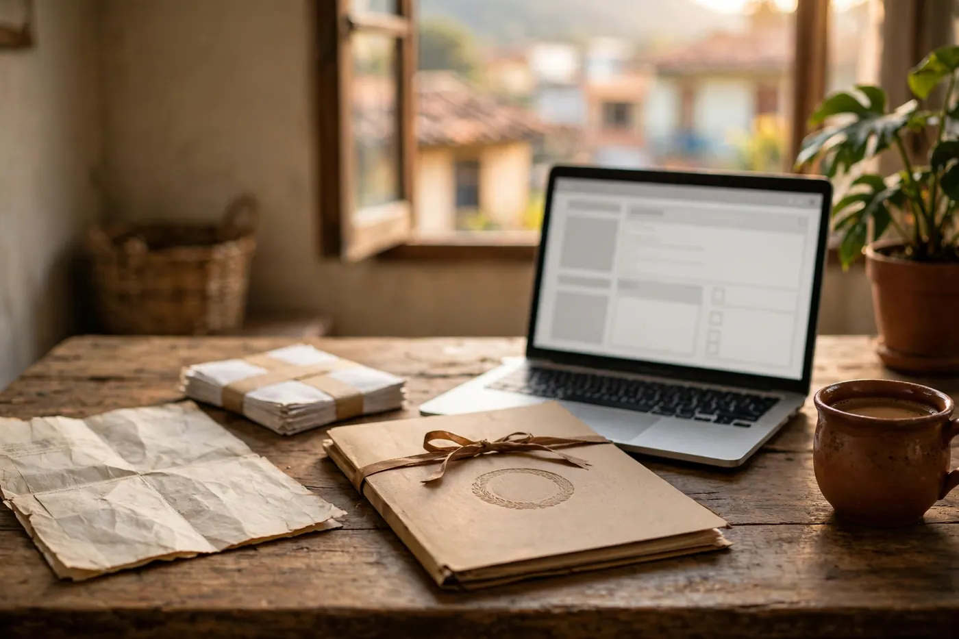 Wooden desk with a foreign document, a Spanish translation packet, a notary folder and a laptop in warm daylight