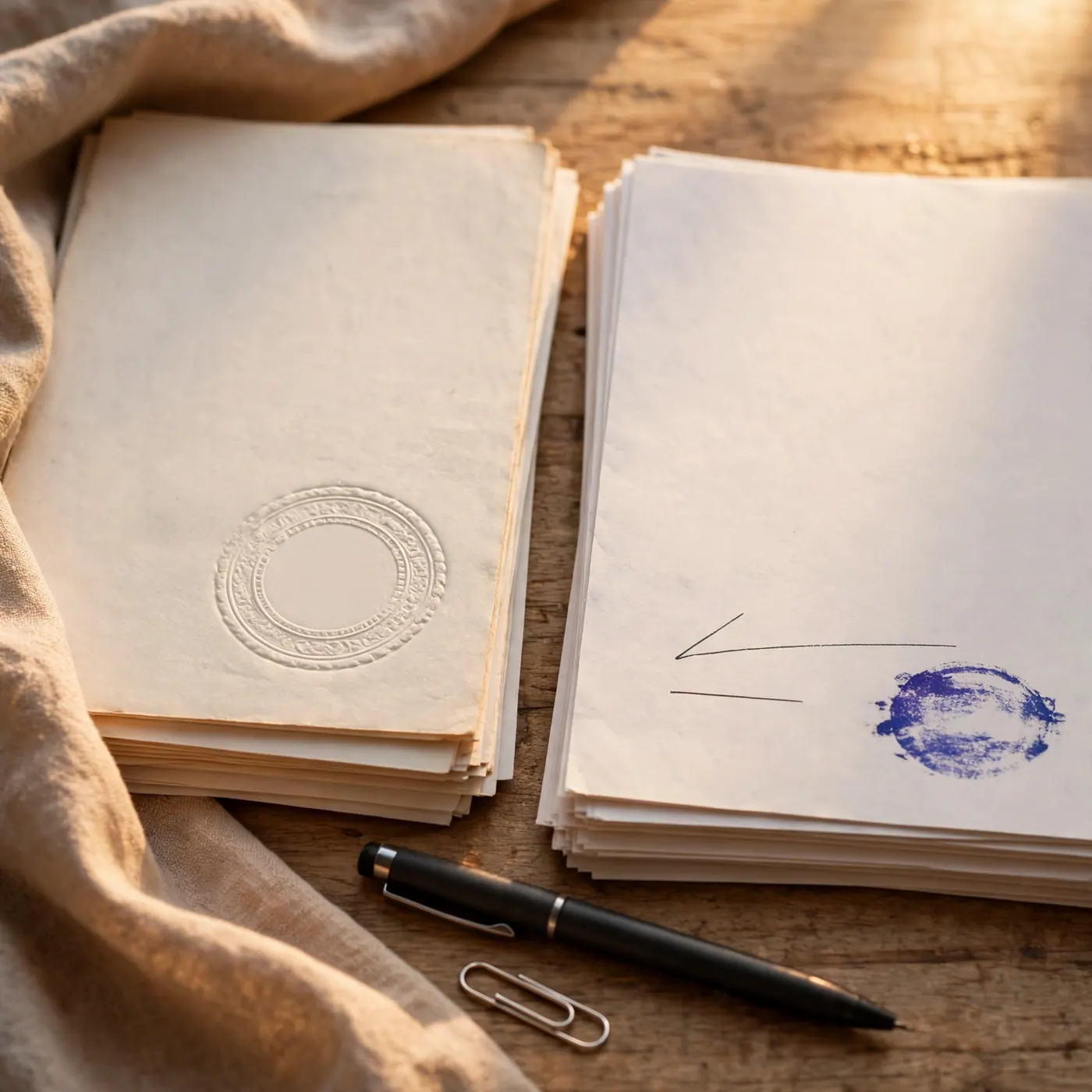 Two paper stacks side by side: a foreign document and a Spanish translation with a signature line and stamp