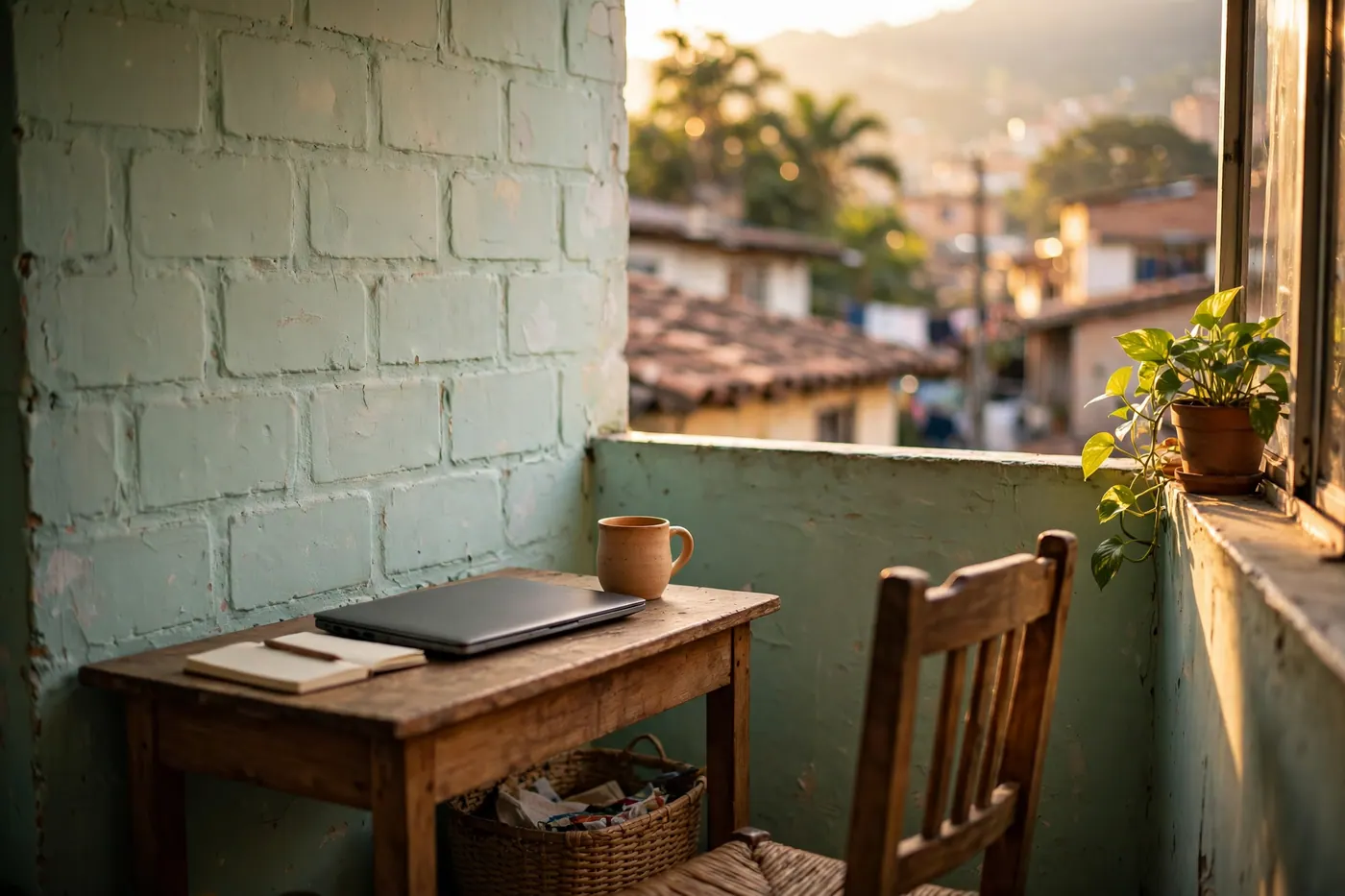 Rincón de trabajo en un apartamento: escritorio junto a un muro pintado, silla con espaldar, portátil, cuaderno, taza y una