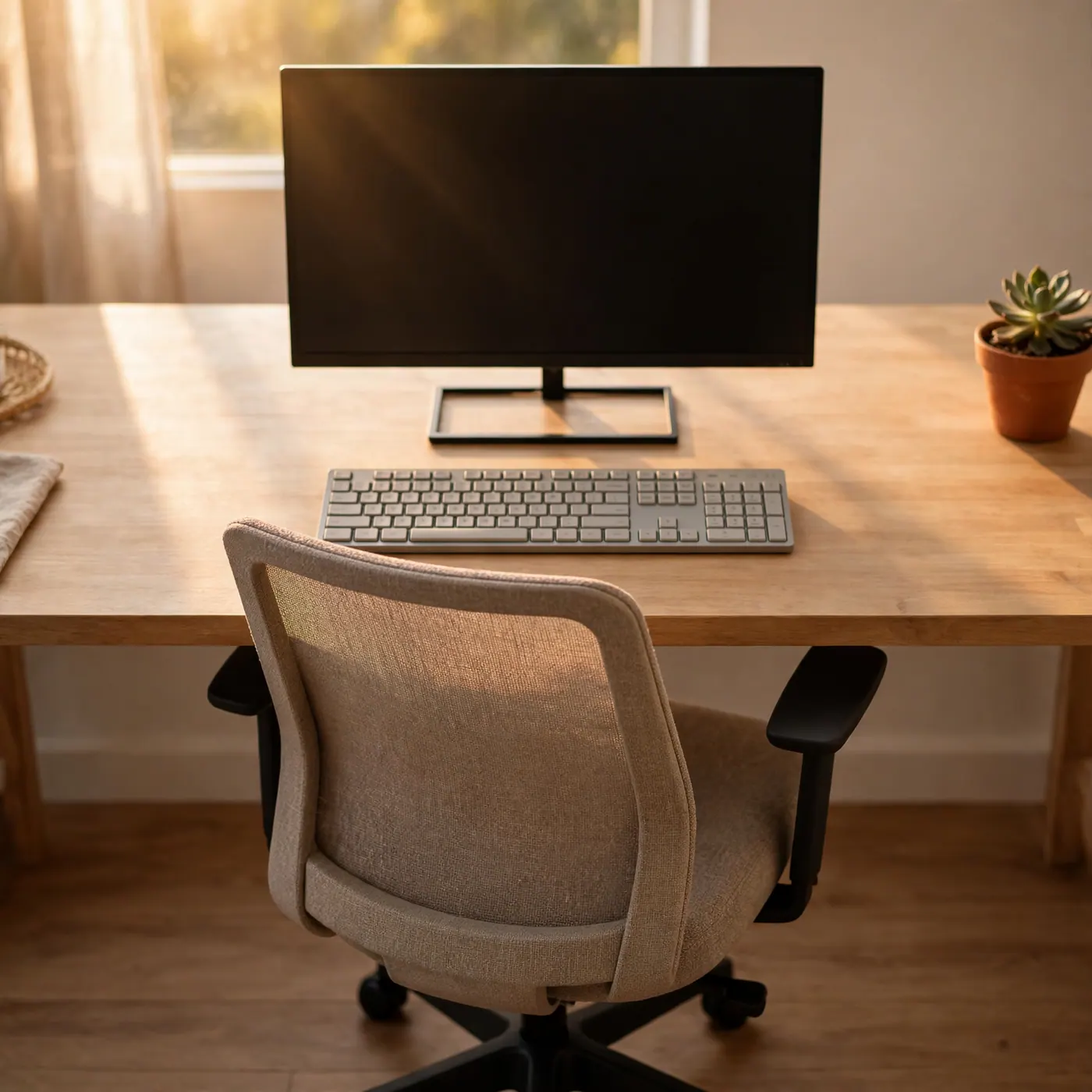 Silla vacía arrimada a un escritorio despejado con la pantalla centrada y espacio libre frente al teclado