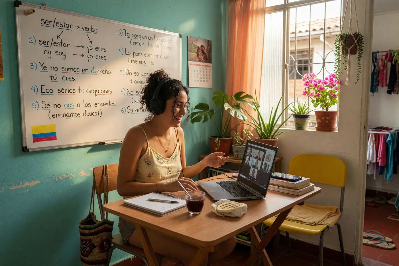 Profesora colombiana sonriendo mientras dicta una clase virtual desde su laptop en un apartamento iluminado.
