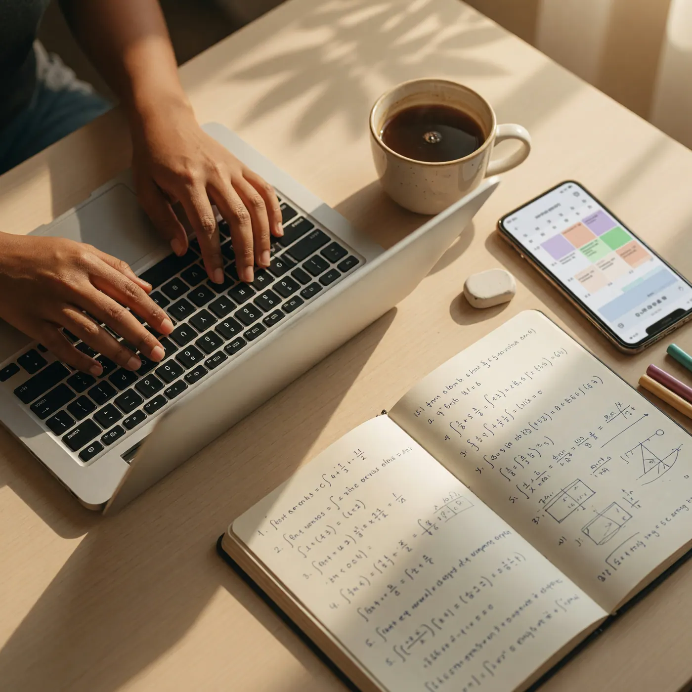 Manos de un tutor escribiendo en su laptop junto a un cuaderno con fórmulas matemáticas y un café.