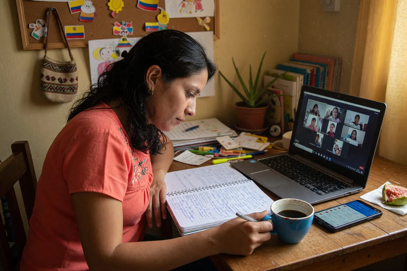 Profesora particular en Colombia preparando una clase y el anuncio de tutoría en su escritorio