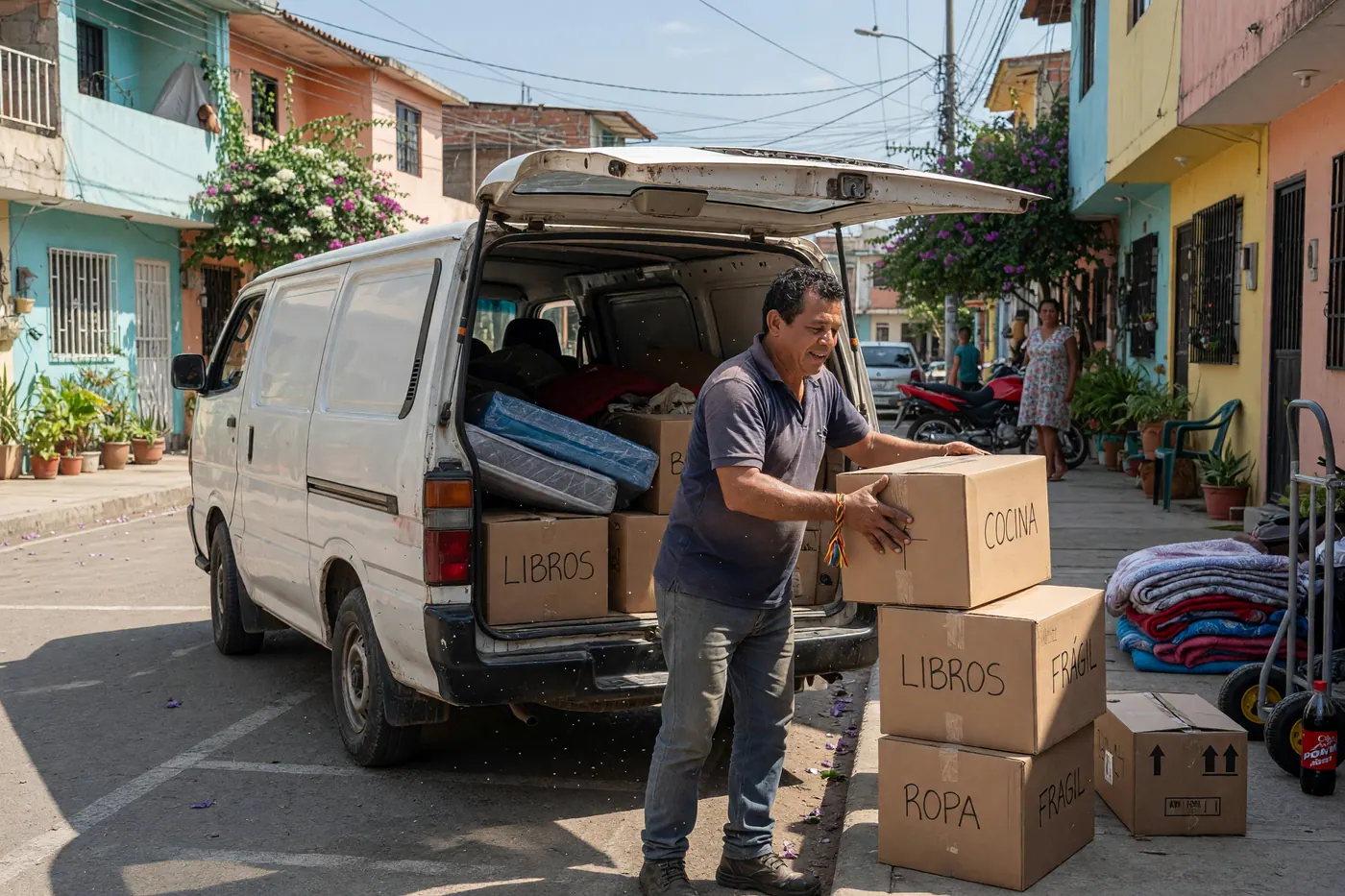 Trabajador de mudanzas en Colombia cargando cajas en una furgoneta blanca en una calle urbana
