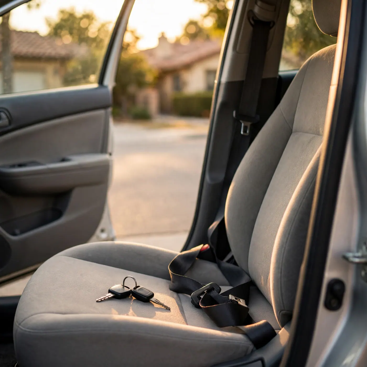 Interior de un carro particular visto desde la puerta abierta, con el asiento del conductor vacío, llaves y cinturón listo