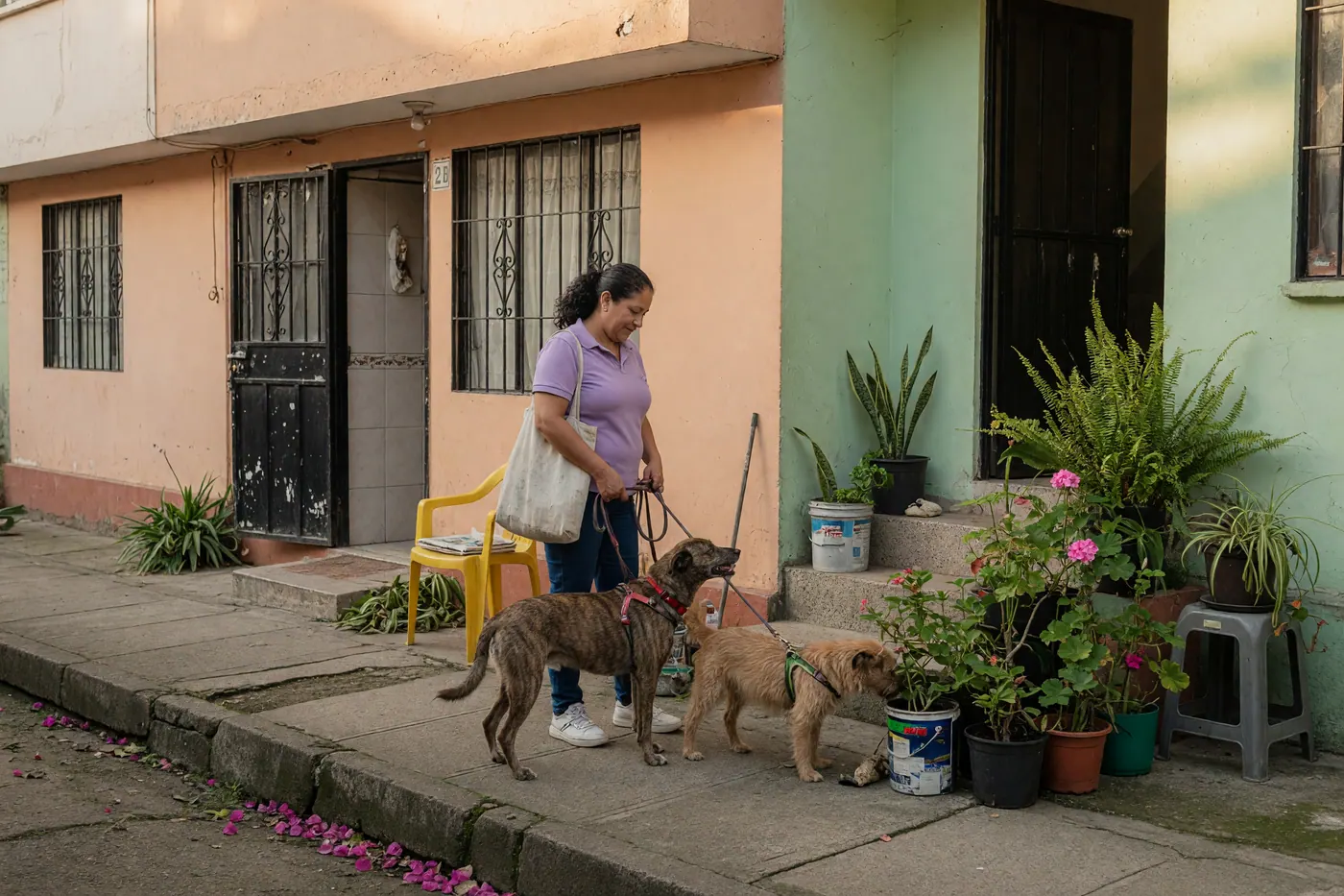 Cuidadora con dos perros sujetos con correa en una acera residencial