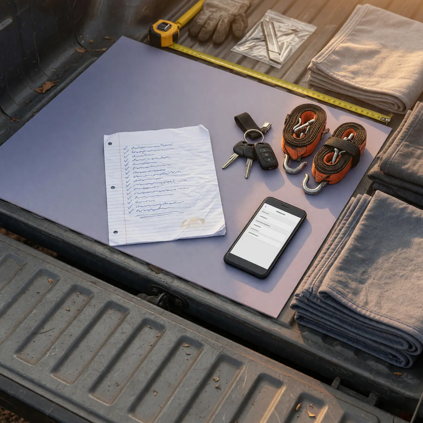 Correas de carga, llaves, mantas, cinta métrica, checklist y teléfono sobre el platón de una camioneta