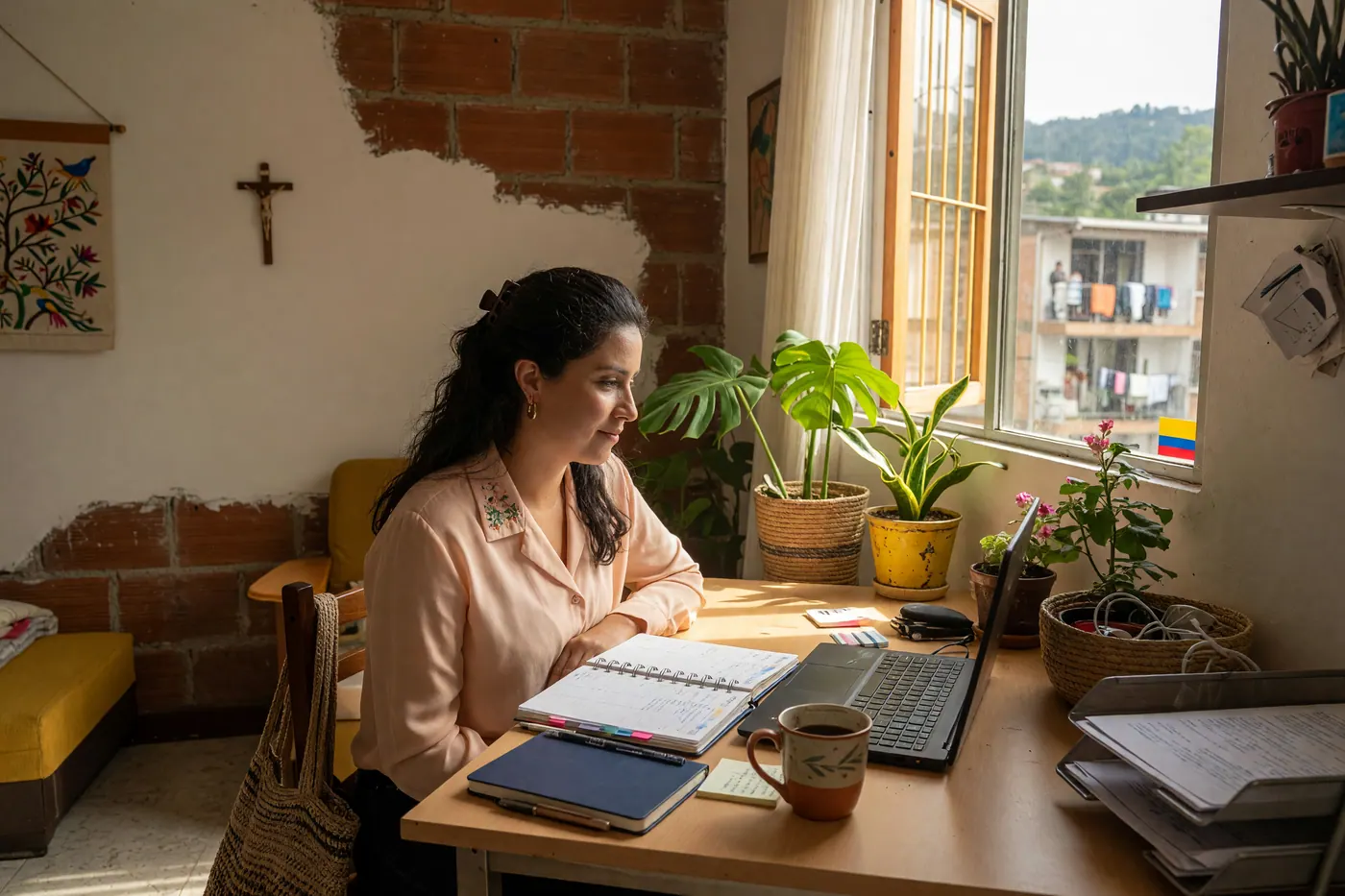 Mujer de cabello oscuro y camisa clara trabaja frente a un portátil en un escritorio con agenda, taza y plantas, junto a una ventana con luz de mañana