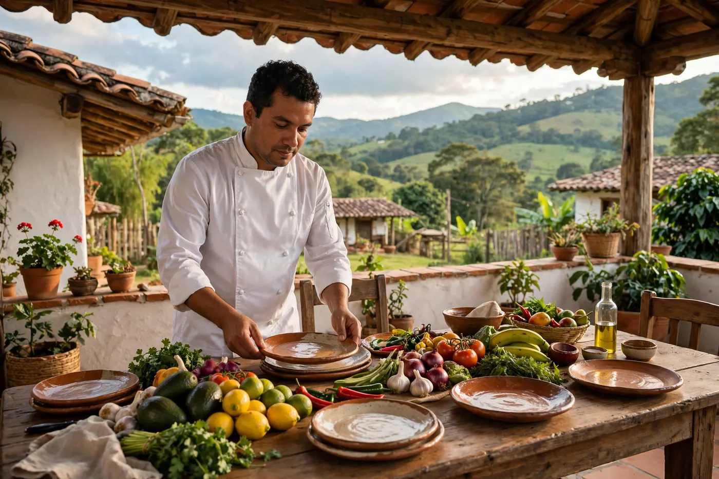 Chef con chaqueta blanca acomoda platos de cerámica sobre una mesa de madera en la terraza de una finca, con frutas, verduras y colinas verdes al fondo