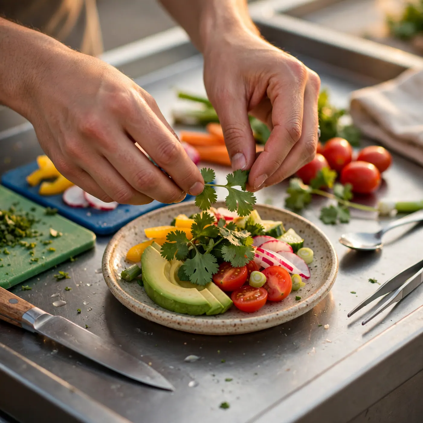 Manos colocan cilantro sobre un plato con aguacate, tomate y rábano en una mesa de acero, junto a tablas de corte de colores y un cuchillo