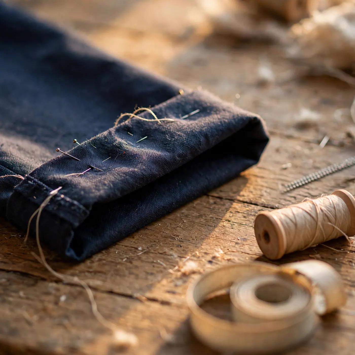 Ruedo de un pantalón sobre una mesa de costura, con cierre, hilo y cinta métrica a la vista