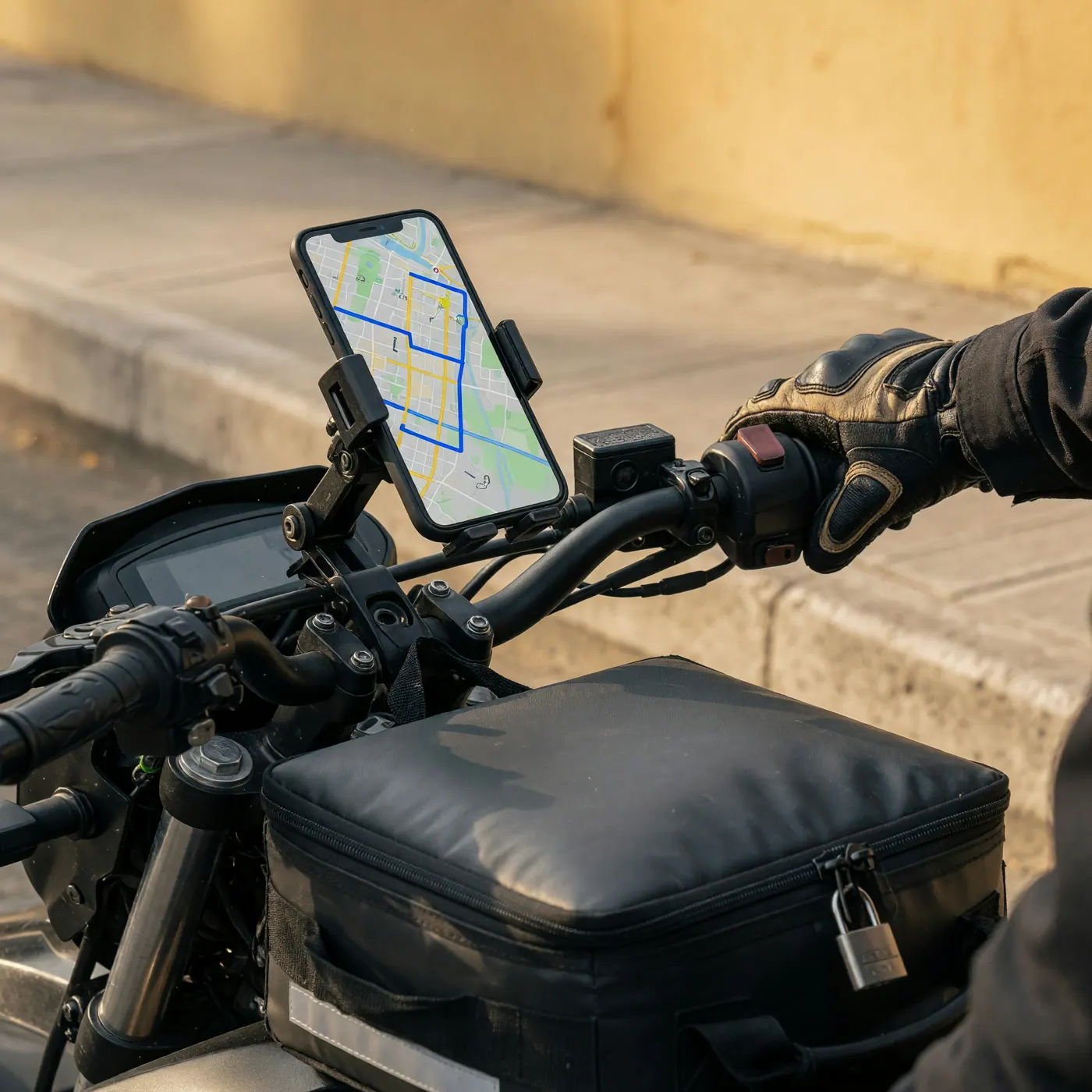 Manillar de moto con soporte de celular mostrando un mapa, guante de protección y maletín de mensajería cerrado con candado