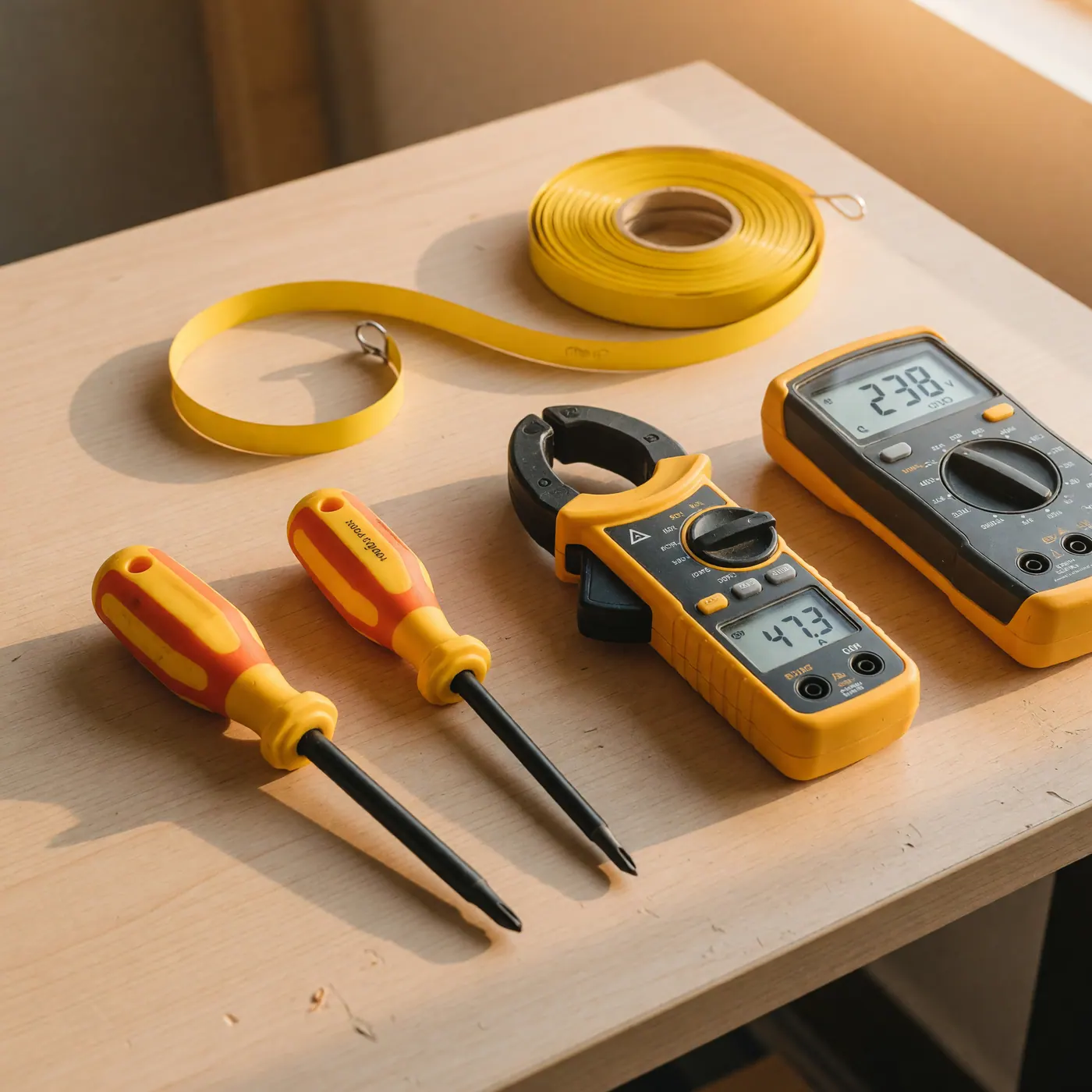 Destornilladores aislados, pinza voltiamperimétrica, cinta pasacable y multímetro digital sobre una mesa de trabajo de madera